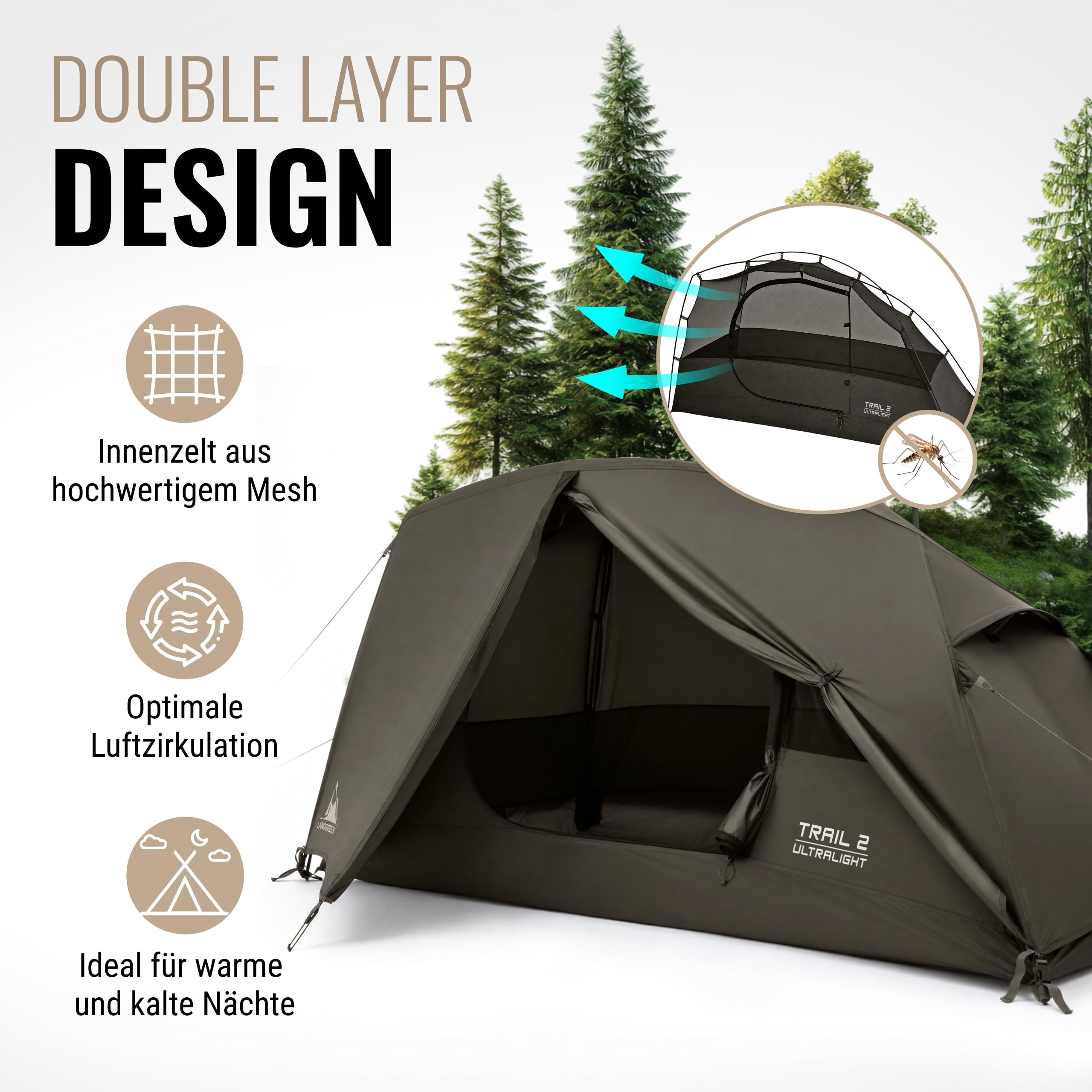 WANDERFALKE® Trail namiot dla 1-2 osób, ultralekki, mały rozmiar po złożeniu, wodoszczelny 4000 mm, lekki namiot dla 1-2 osób, namiot trekkingowy, ultralekki, lekki namiot outdoorowy na kemping