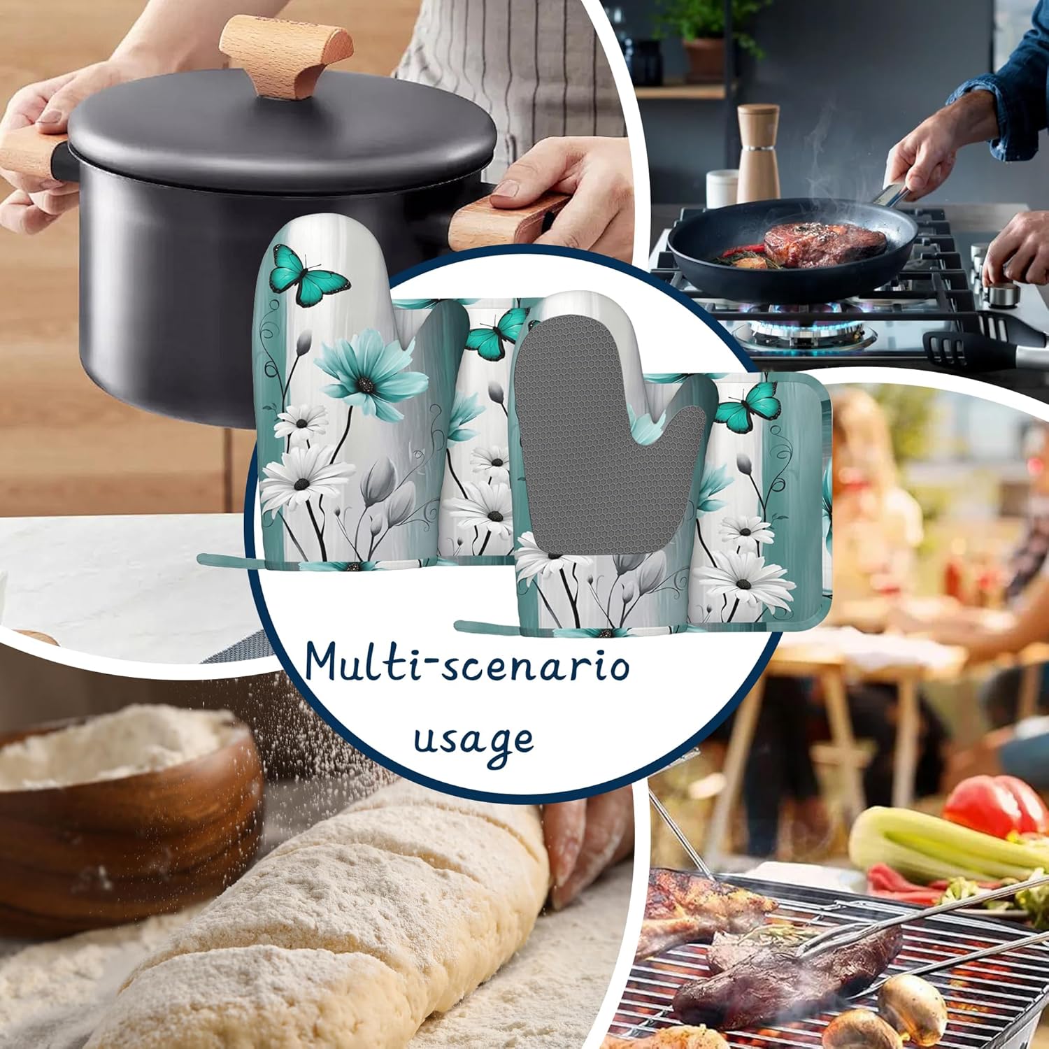 Heat Resistant Pot Holders and Oven Mitts,Blue-green Daisy Flower Extra Long Kitchen Oven Mitt Set,Rustic Butterfly Floral Cotton Lining Anti-Slip Waterproof Kitchen Mittens Hot Pan Holder for Cooking