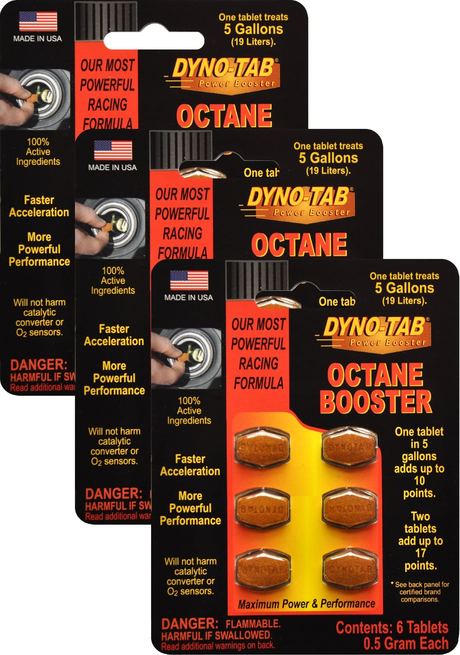 Dyno-tab Octane Booster 6-Tab Card, 3-Pack ($5.49 per Card), Each Pack Adds Up to 17 Points, Lab Tested, Fast-Dissolving, 100% Active Ingredients - NO Solvents, Treats 16 gal/60 Liters, 45456-3pk