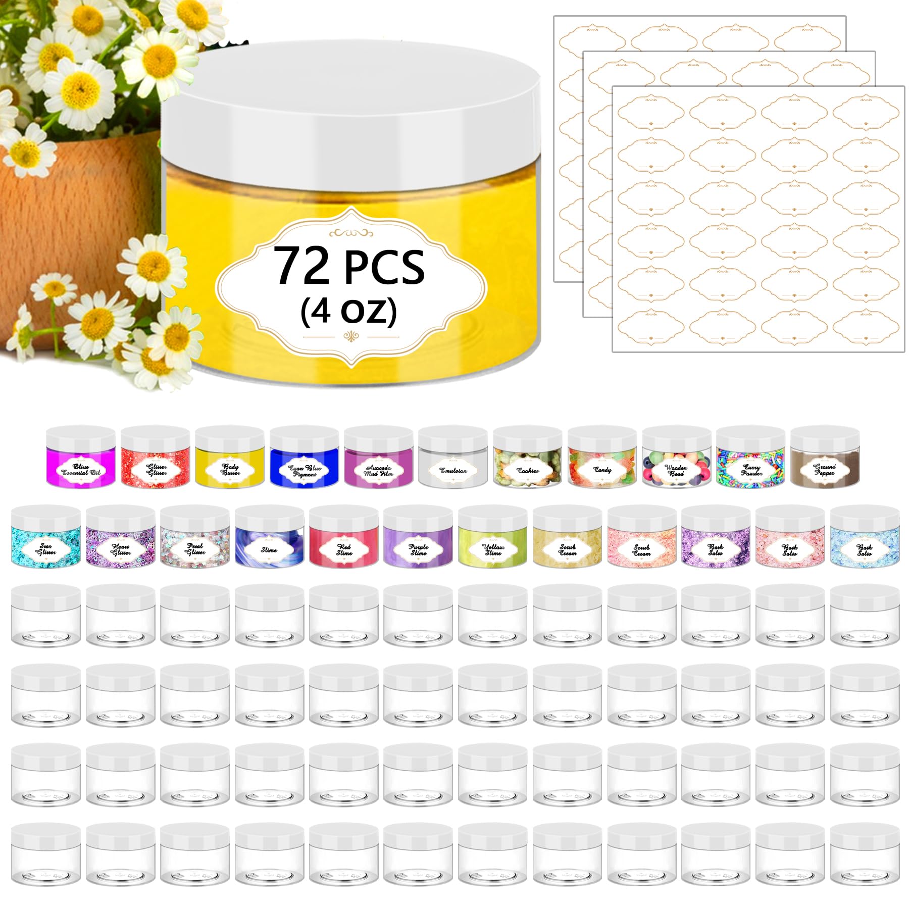 PeacePeo 4 OZ Plastic Jars with Lids, 72 Pcs Clear Storage Containers