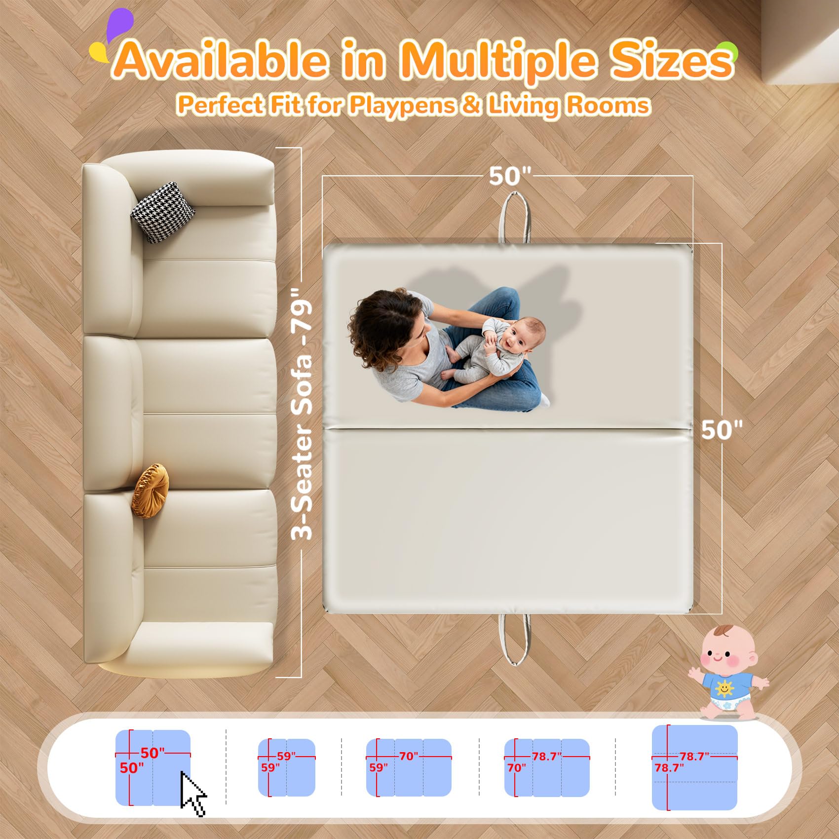 Baby-Spielmatte aus PU-Leder, 3,6 cm dick, faltbar, wasserdicht, 50 × 50 cm Laufgittermatte, ungiftig, leicht zu reinigen, verdickter Schaumstoff gepolstert, perfekt für Bauchzeit und Krabbeln, Babys
