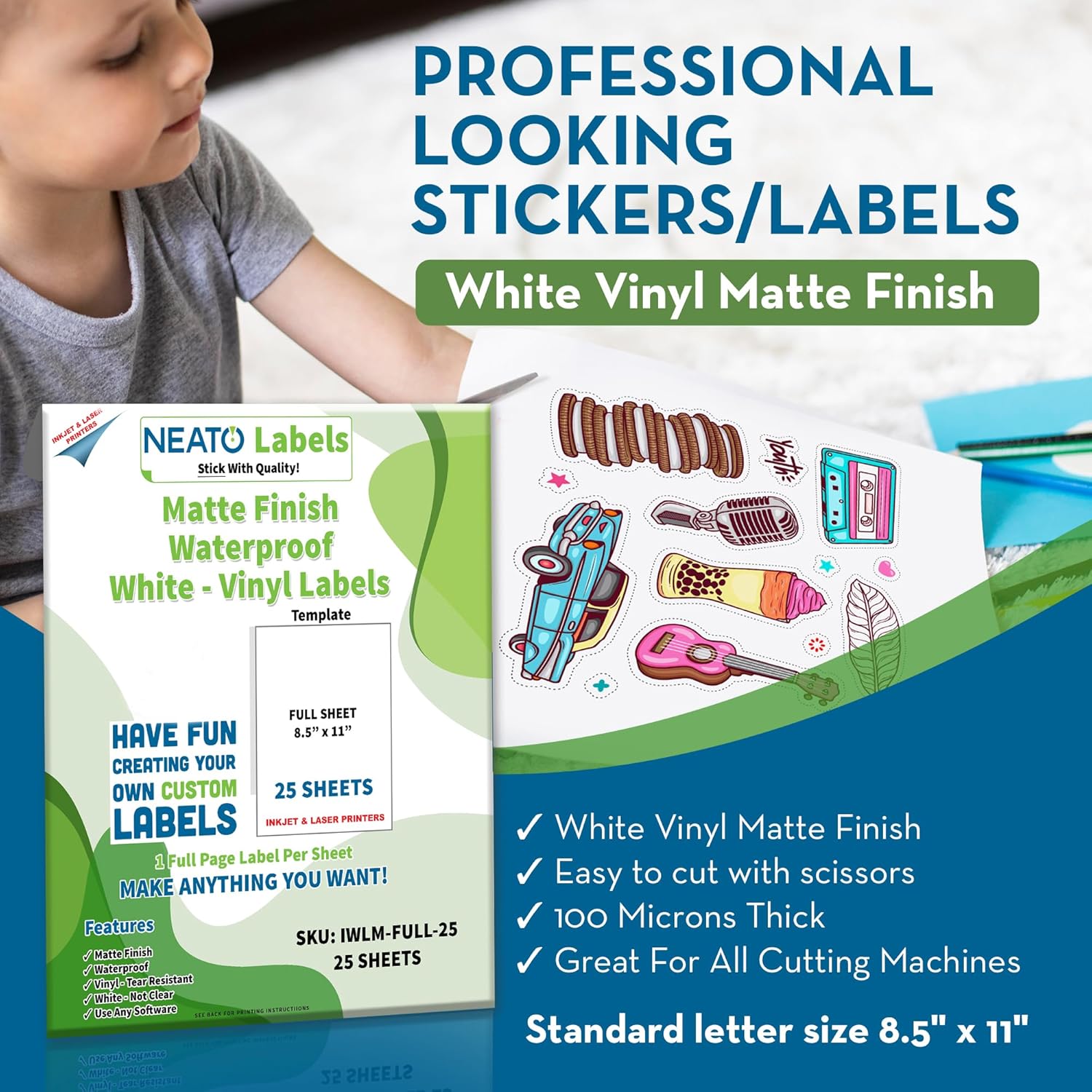 Custom Printable Matte Vinyl Stickers - 25 Sheets - Waterproof, Tear Resistant Full Sheet Label for Inkjet & Laser Printers & All Cutting Machines - 8.5 x 11 - Customizable Blank White Stickers