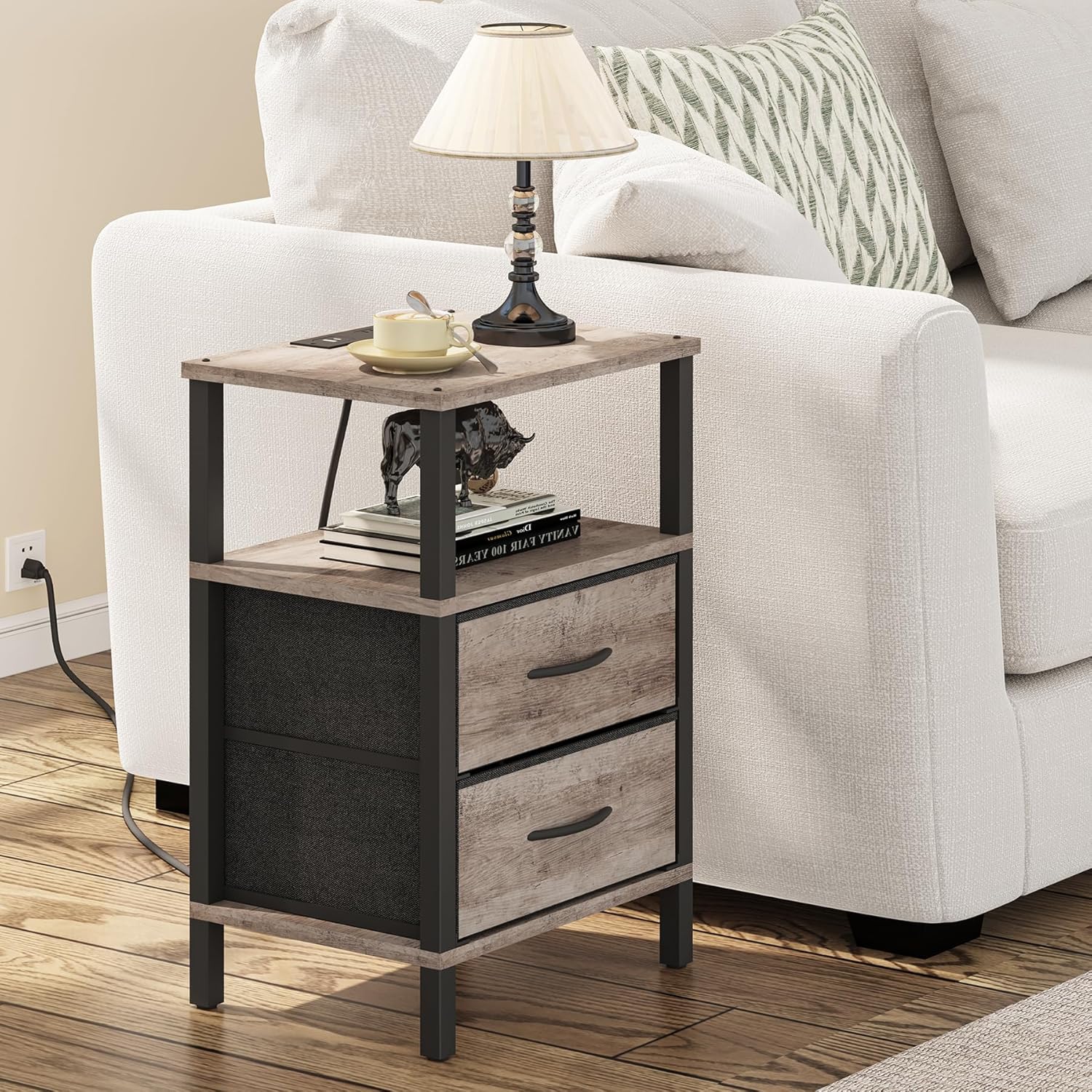 TUTOTAK End Table with Charging Station, Side Table with 2 USB Ports and Outlets, Nightstand with Cloth Drawer, Set of 2, Couch Table, Brown TB01BG067