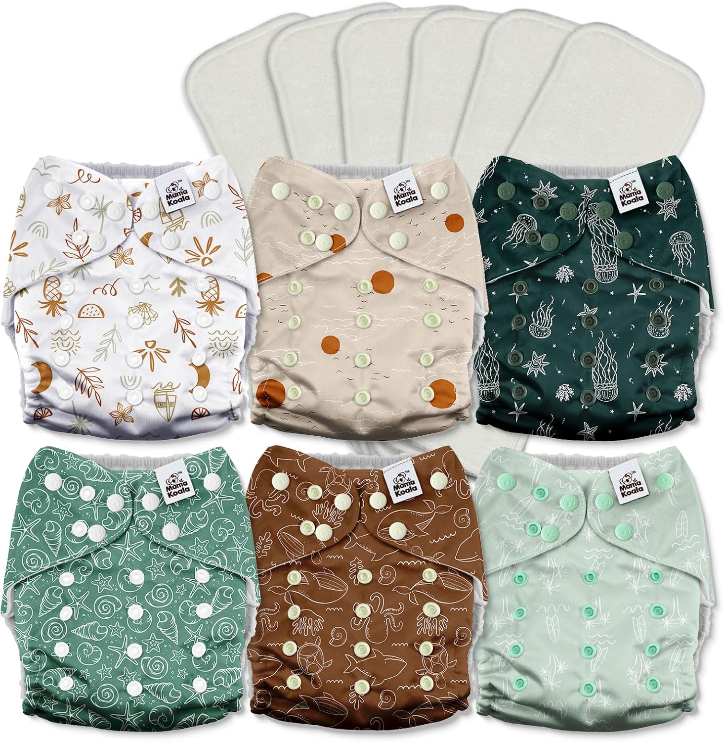 mamakoala AMZ Mama Koala 3.0 Cloth Diapers for Babies with AWJ Lining, 6 Pack with 6 5-Layer Natural Cloth Diaper Inserts - Reusable and Washable Pocket Diapers(A-Seashore)