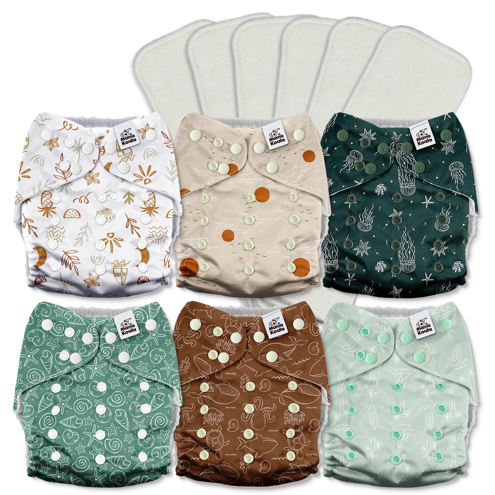 Mama Koala 3.0 Cloth Diapers for Babies with AWJ Lining, 6 Pack with 6 5-Layer Natural Cloth Diaper Inserts - Reusable and Washable Pocket Diapers(A-Seashore)