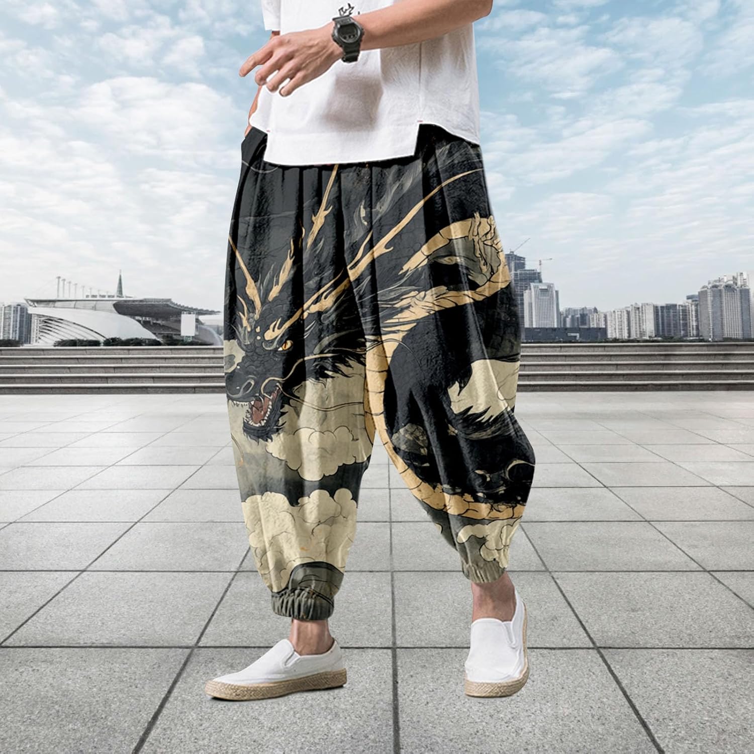 Zhyaj Men's Oversized Cotton Linen Elastic Waist Harem Pants Mens Casual Loose Fit Drop Crotch Trouser with Pockets