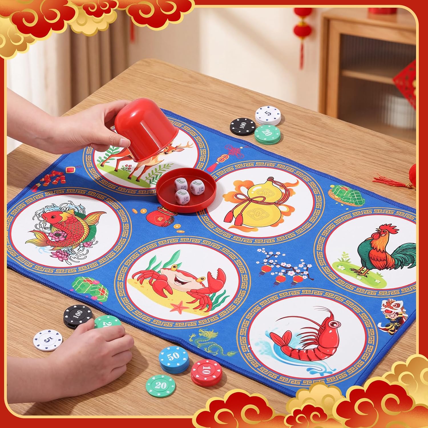 BAU Cua Dice Game Set Gourd Fish Shrimp Crab Dice with Game Chips Mat Shaker Vietnamese BAU Cua Ca Cop for Adult Lunar New Year, Gatherings, Celebrations Gift for Vietnamese Friend