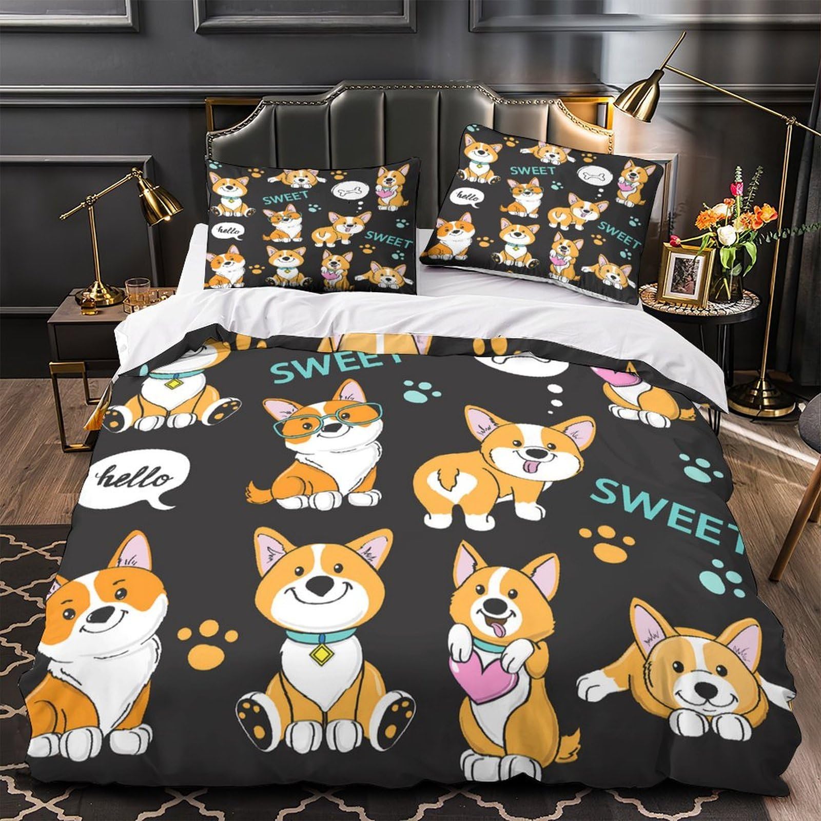 Parure de lit corgi hypoallergénique et douce avec housse de couette respirante 3D