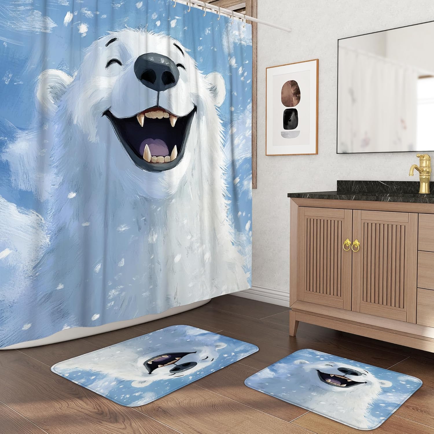 3PCS Winter Snow Polar Bear Rabbit Bathroom Accessory Set with Two Non-Slip Washable Bath Rugs (16x24&20x32), Fun Animal Kids Bathroom Mat Decorative-72''x72'''