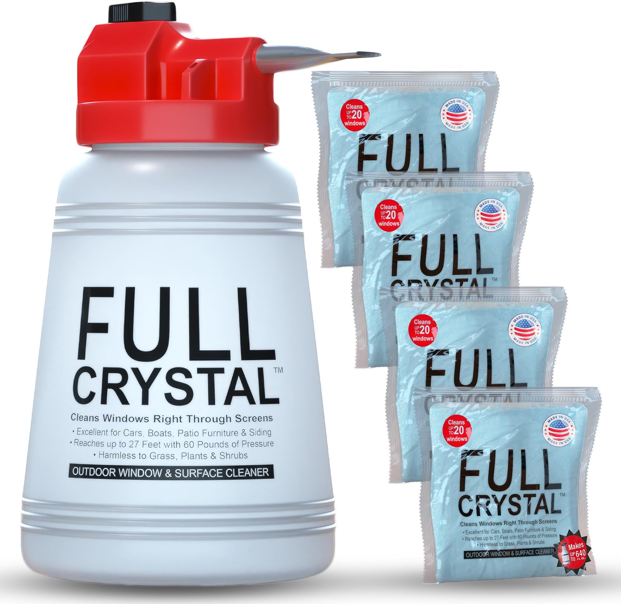 - Full Crystal Window Cleaning Kit – 16 oz Glass Cleaner and Bottle with 27 ft Reach, Each 4 oz Bag Makes Up to 640 fl oz, Cleans Up to 80 Windows, Scrub-Free, Rinse-Free