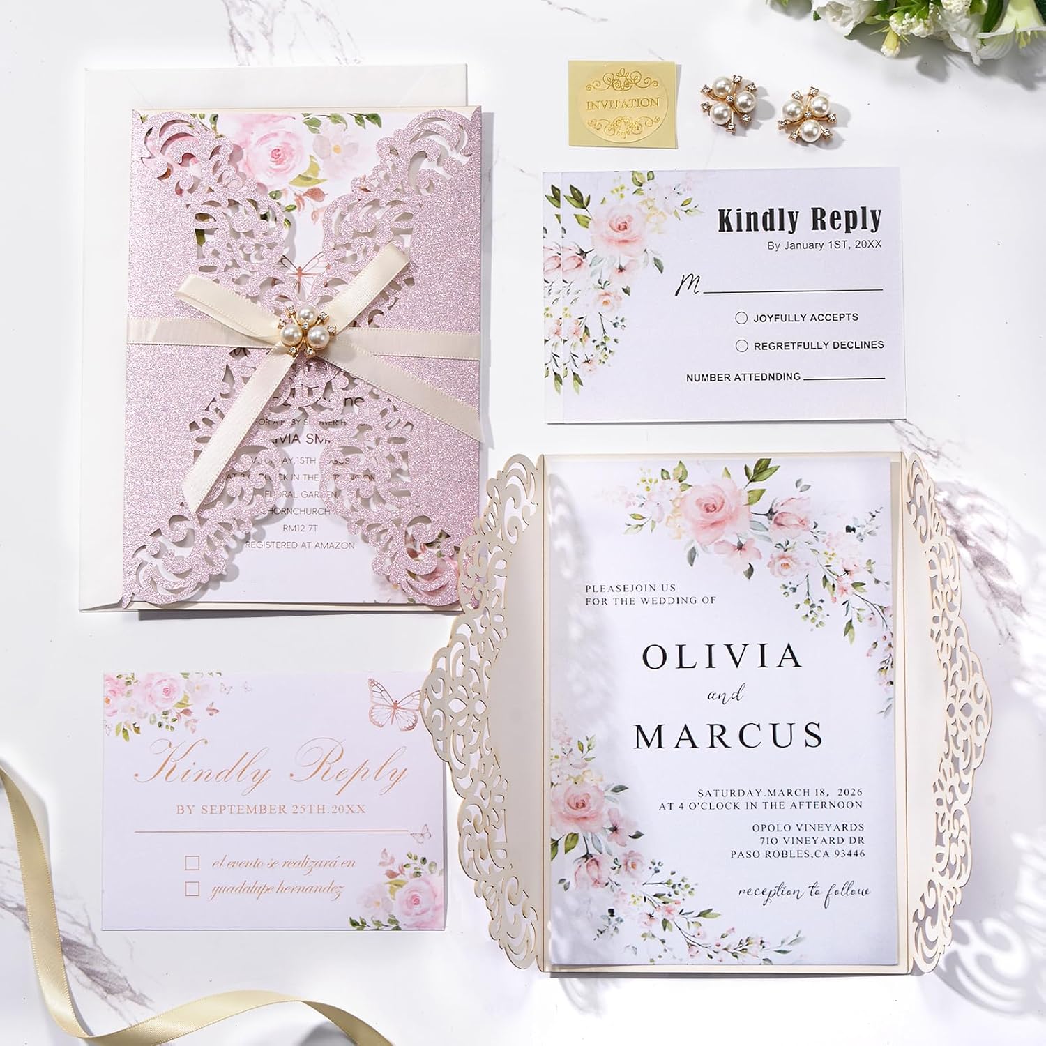50PCS Laser Cut Wedding Invitations Cards with Envelopes, Blank Inner Sheets, Ribbons for Wedding Quinceañera Baby Shower Birthday Invites (Pinkish Purple)