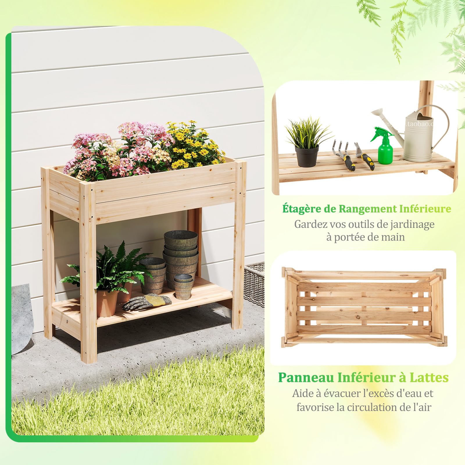 COSTWAY Jardinière Surélevée en Bois avec Pieds, Lit de Jardin avec Étagère de Rangement et Trous de Drainage, Conteneur pour Fleurs Herbes Légumes Fruits (81 x 38 x 76 cm)