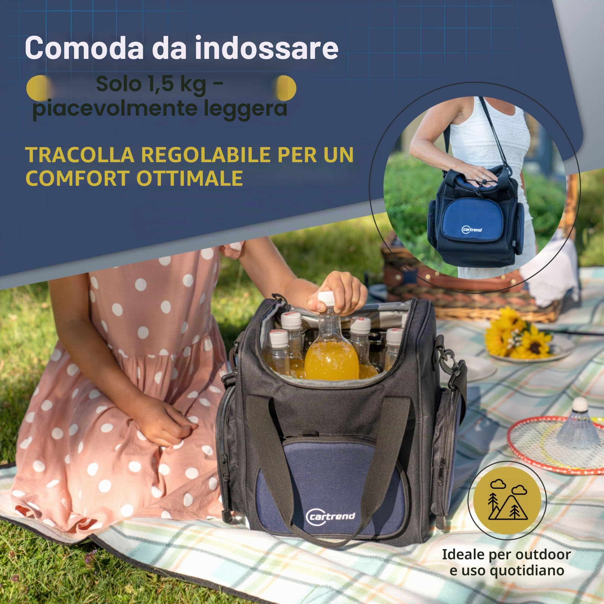 cartrend Borsa termica con cavo di collegamento auto 12 V, lunghezza 1,50 m, tracolla regolabile, rivestimento interno facile da pulire, diverse misure