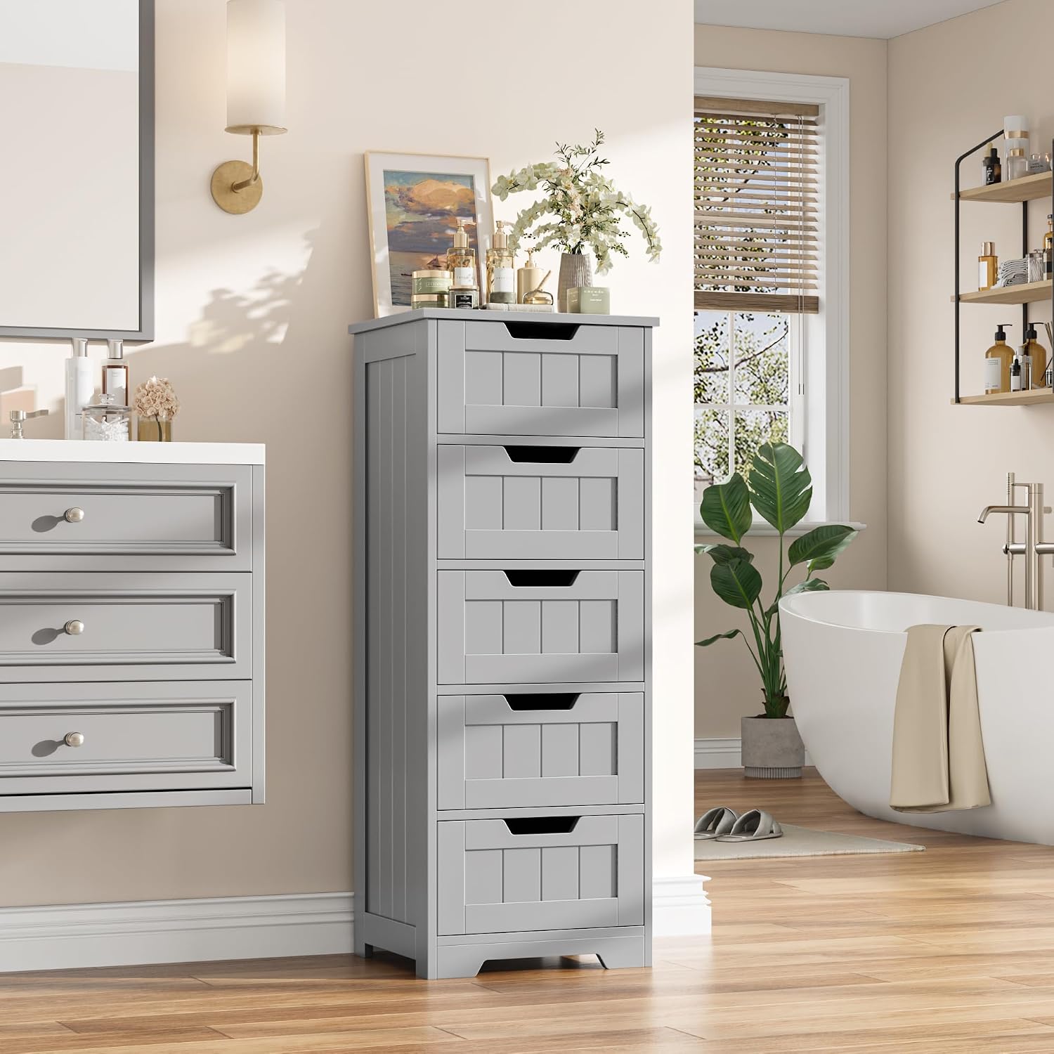 FOTOSOK Bathroom Cabinet, Bathroom Storage Cabinet with 5 Drawers, Grey
