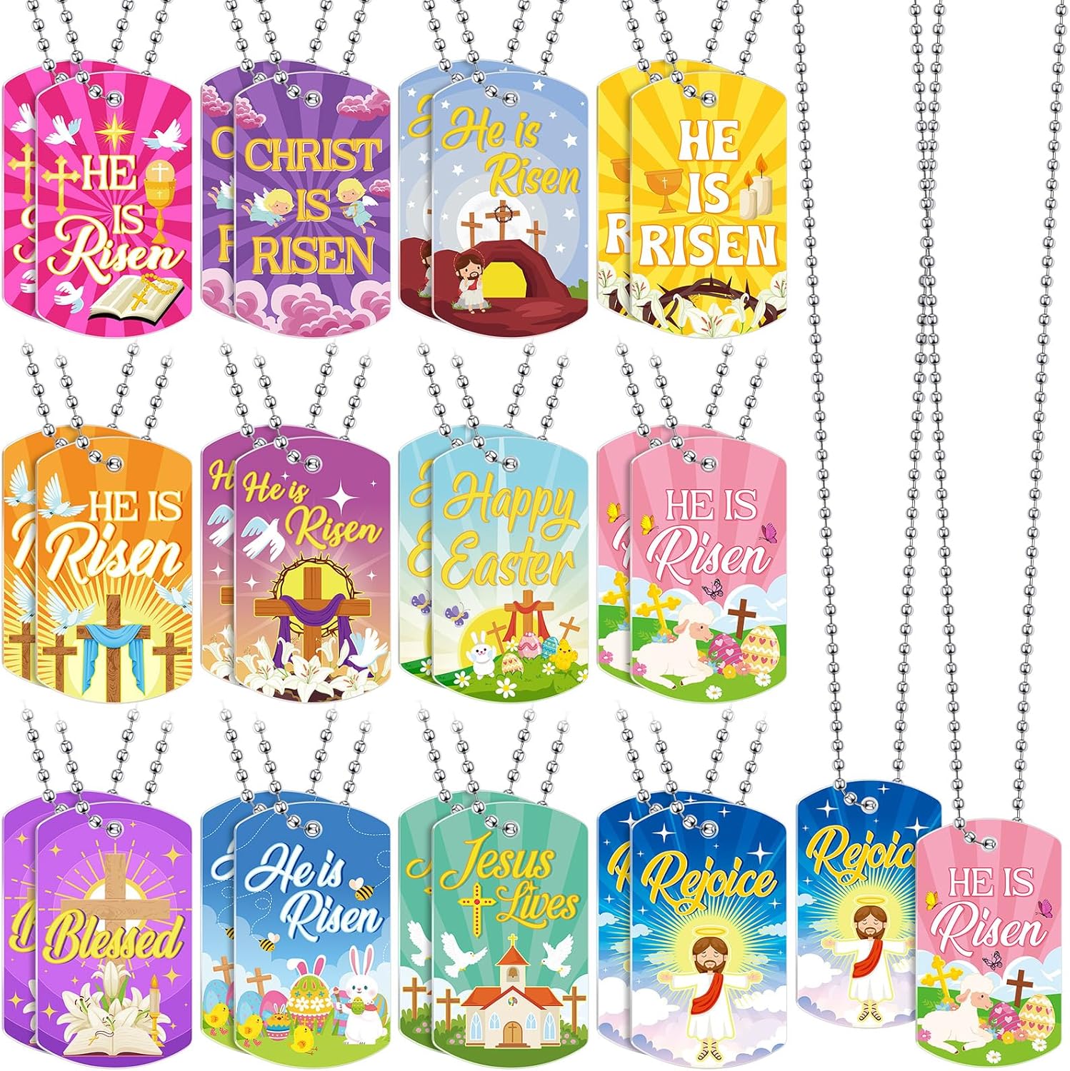 Kigeli 24 Pcs Easter He Is Risen Dog Tag Necklace Bible Verses Religious Christian Jesus Cross Easter Eggs Fillers Basket Stuffers He Is Risen Party Religious Gifts for School Supplies Classroom