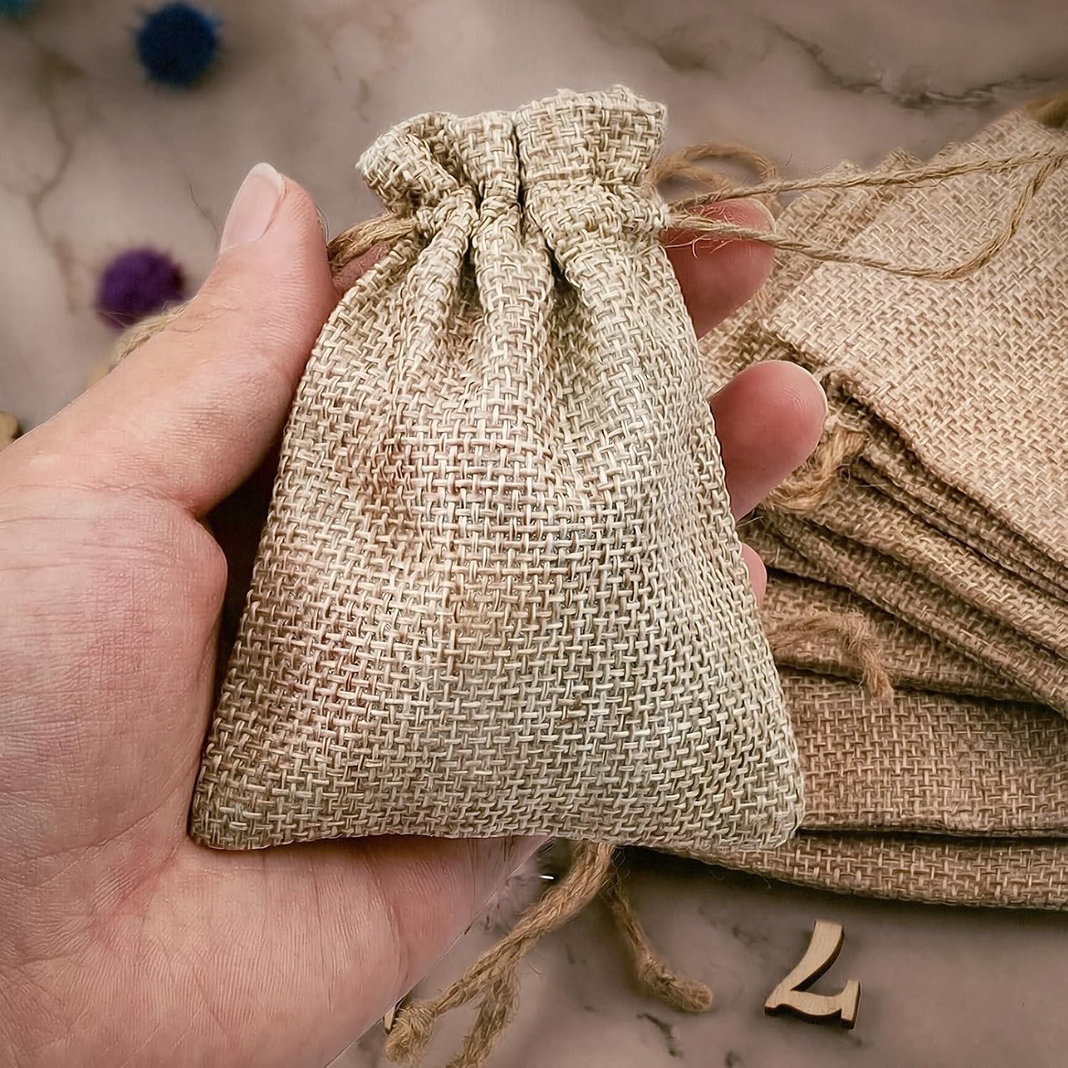 Asofelk 10 PCS Small Burlap Gift Bags with Drawstring, 7x9cm Brown Linen Favor Pouches, Mini Burlap Sacks & Drawstring Gift Bags, Small Drawstring Burlap Gift Bags for Jewelry Storage, Party Favors - Image 5