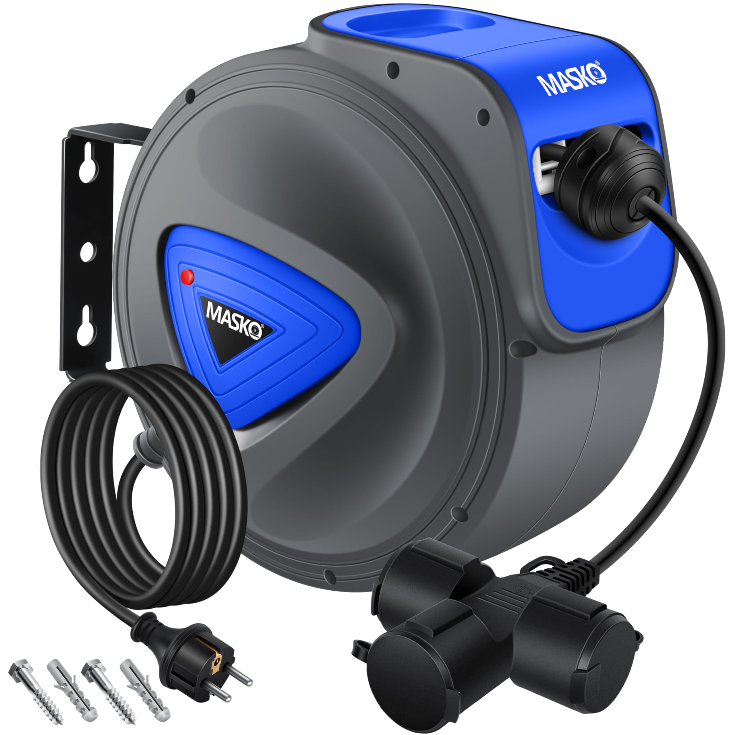 MASKO® Cable alargador automático de 20 m con conexión de 3 vías, giratorio 180°, cable de alimentación de 1,5 m, soporte de pared, enrollador de cables, enrollador de cables, incluye guantes