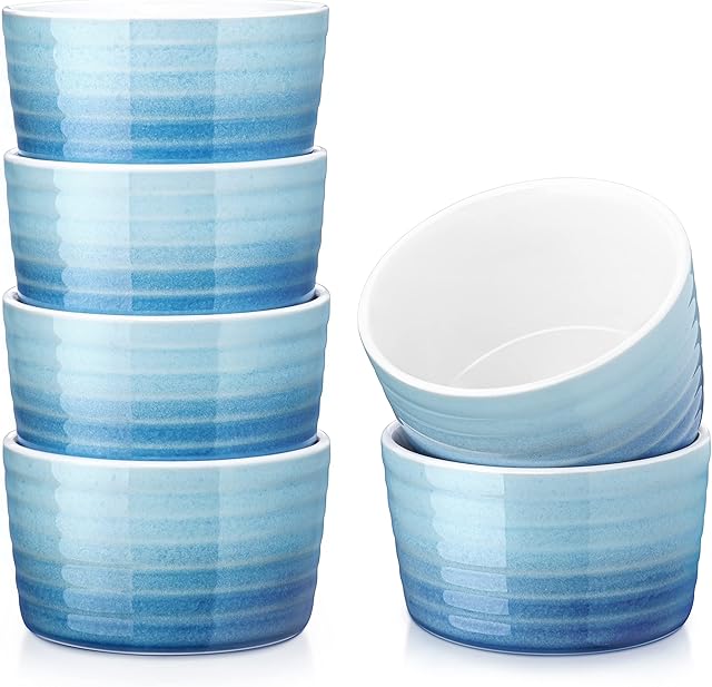 MALACASA, seria RAMEKIN, 6 szt. okrągłej miski do piekarnika, mała niebieska miska do piekarnika, [10 x 10 x 6 cm 300 ml], okrągły gradient niebieski