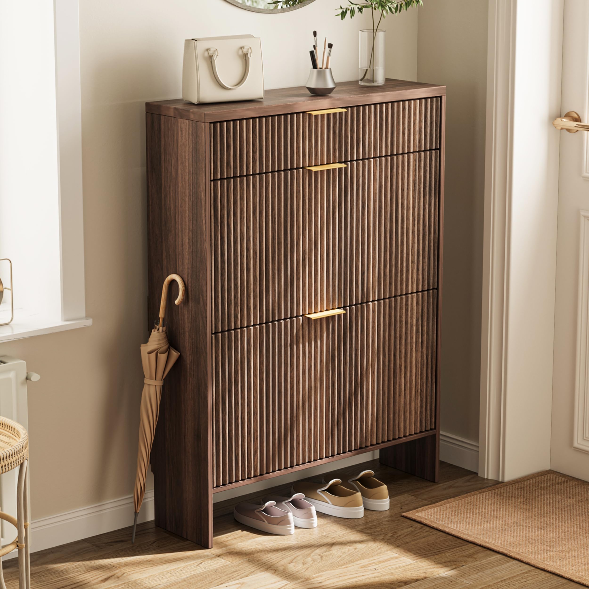 Fluted Shoe Cabinet Storage with 2 Flip Drawers &amp; 1 Drawers, Wood Narrow Hidden Shoe Cabinet for Entryway, Freestanding Slim Shoe Rack Organizer for Foyer Hallway Living Room(Walnut)