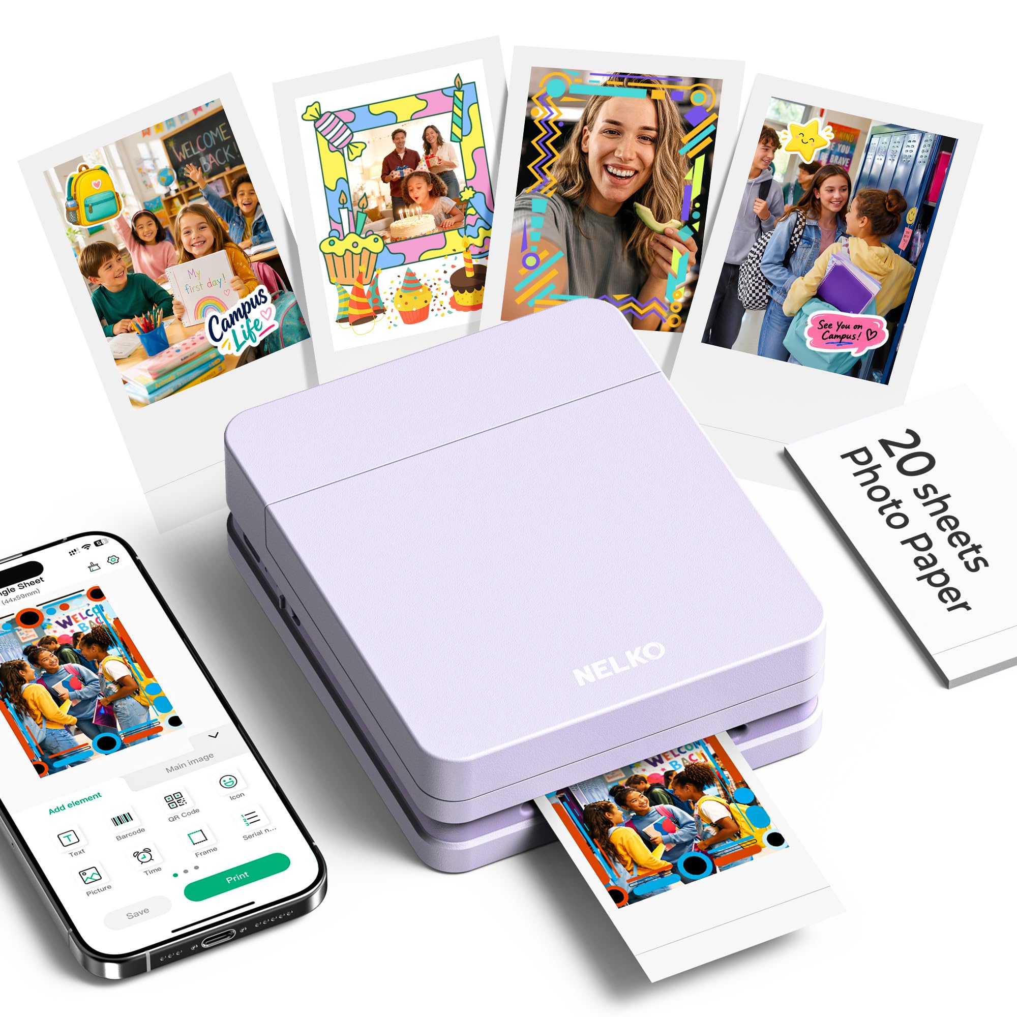 Nelko Fotodrucker für Smartphone, PP01 Mini Fotodrucker, 20 Blatt, Voilett