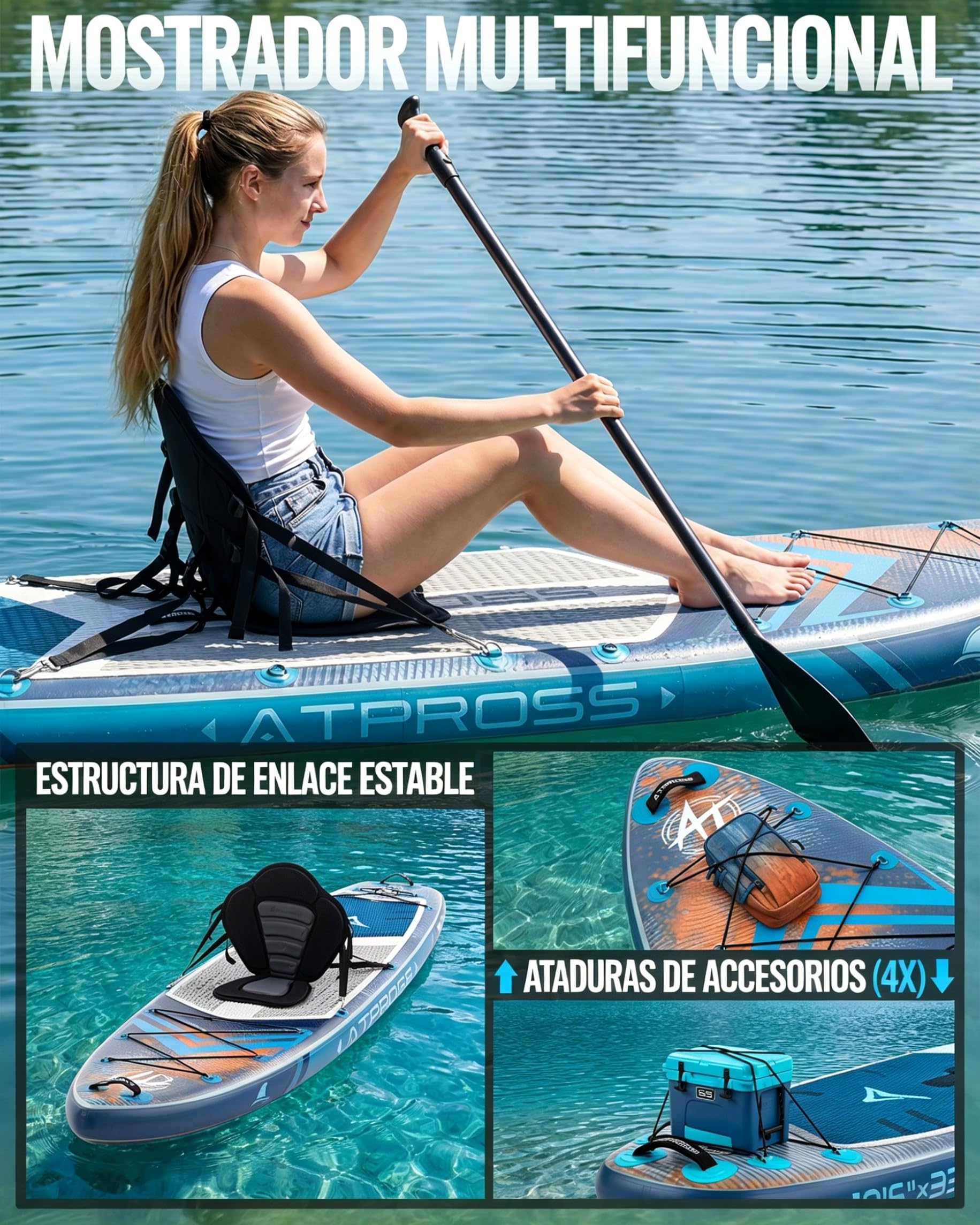 Tabla de Paddle Surf Hinchable con Asiento de Kayak y Accesorios, 320x84cm Sup Extra Ancha para 2 Personas, Carga 200kg, Kayak Hinchable Estable y Antideslizante para Adultos y Surf