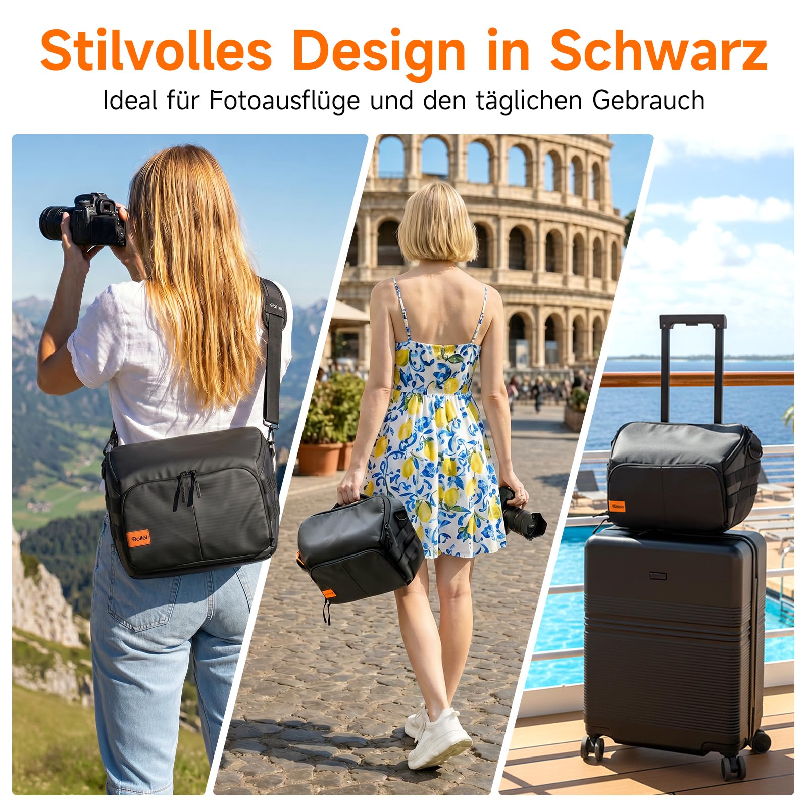 Kameratasche, Rollei Fotoliner Ocean Bag L Kamera Tasche Groß Fototasche | Wasserdichte Umhängetasche Camera Bag für DSLR SLR Zubehör Schwarz Kameratasche-Kamera-Tasche-Fototasche-Umhängetasche
