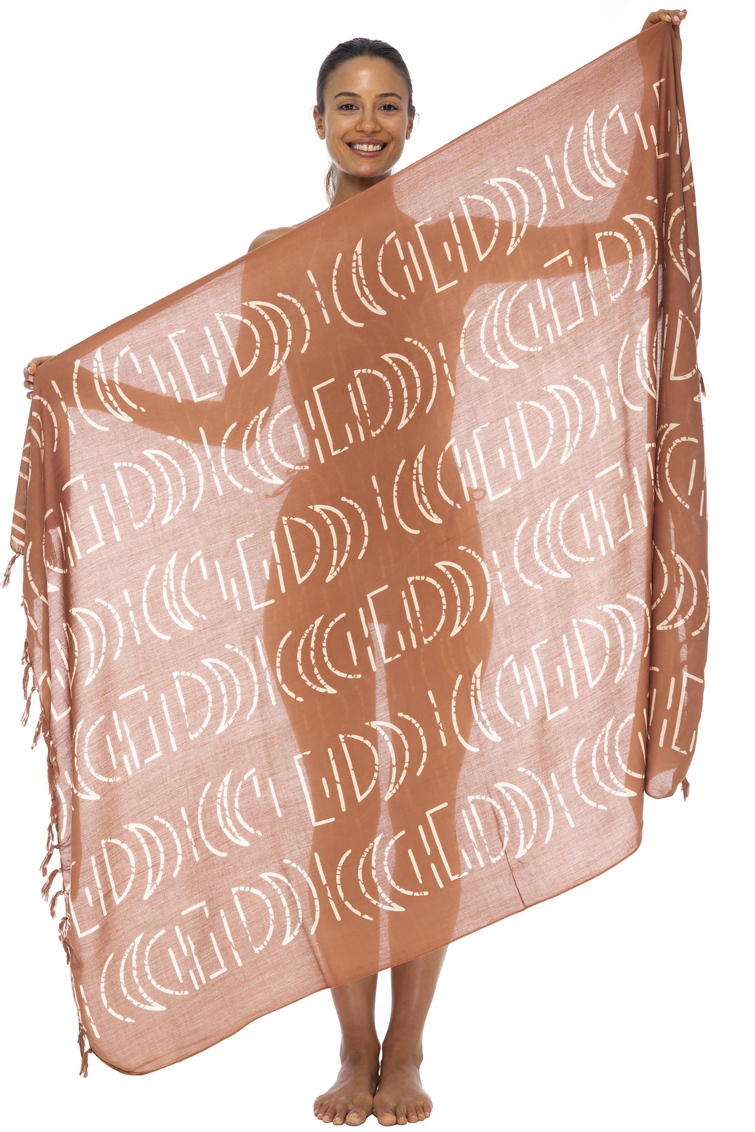Back From Bali Pareo de pareo estampado para mujer con flecos bohemios y clip de coco, falda envolvente o chal de playa, Ladrillo, Talla única