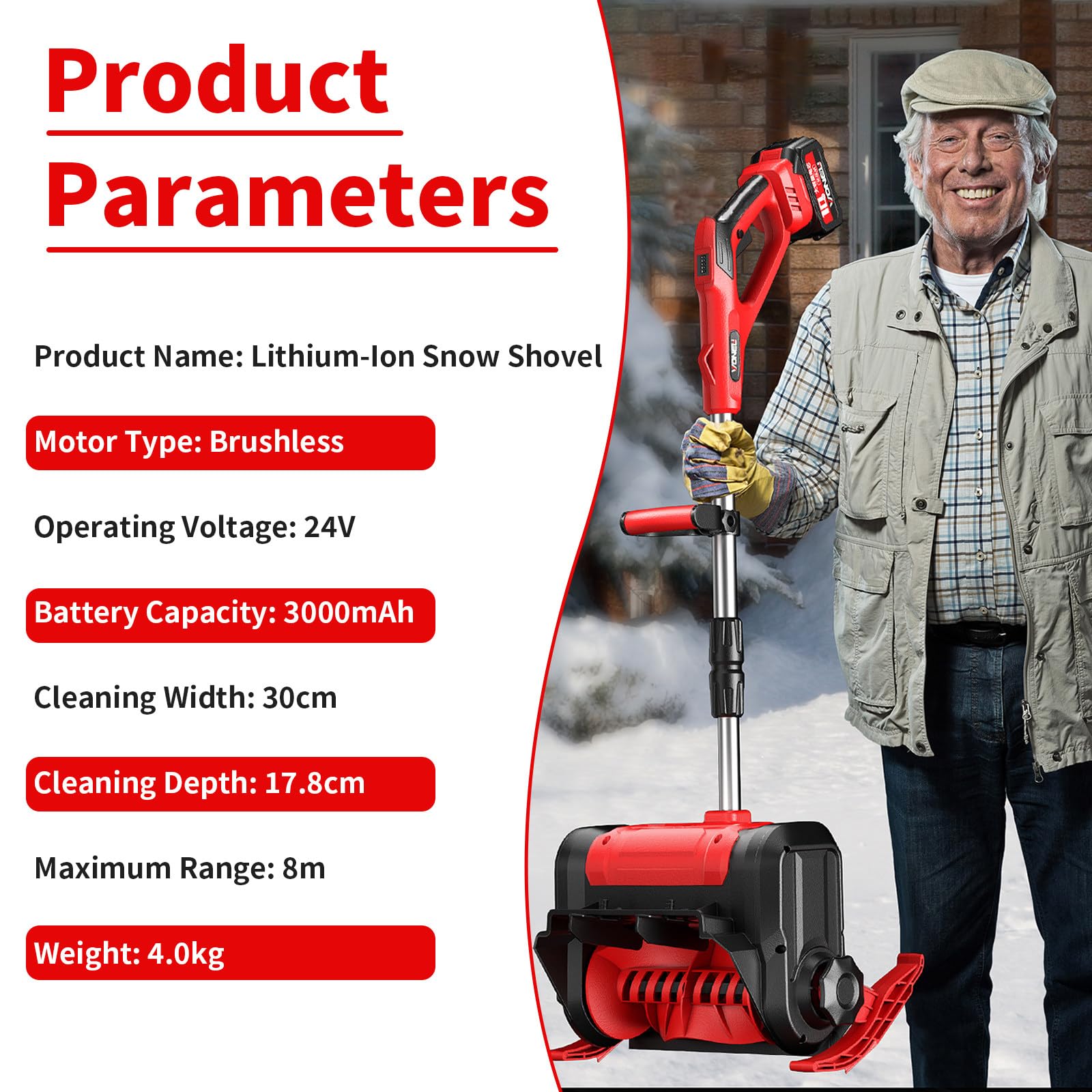 Pelle à Neige sans Fil, Souffleuse à Neige électrique 30 Cm, 21 V, Batterie 3 Ah, 136 Kg/Min, Portée De 8 M, Légère (4,1 Kg), Idéale pour Allées, Escaliers, Terrasses Et Trottoirs