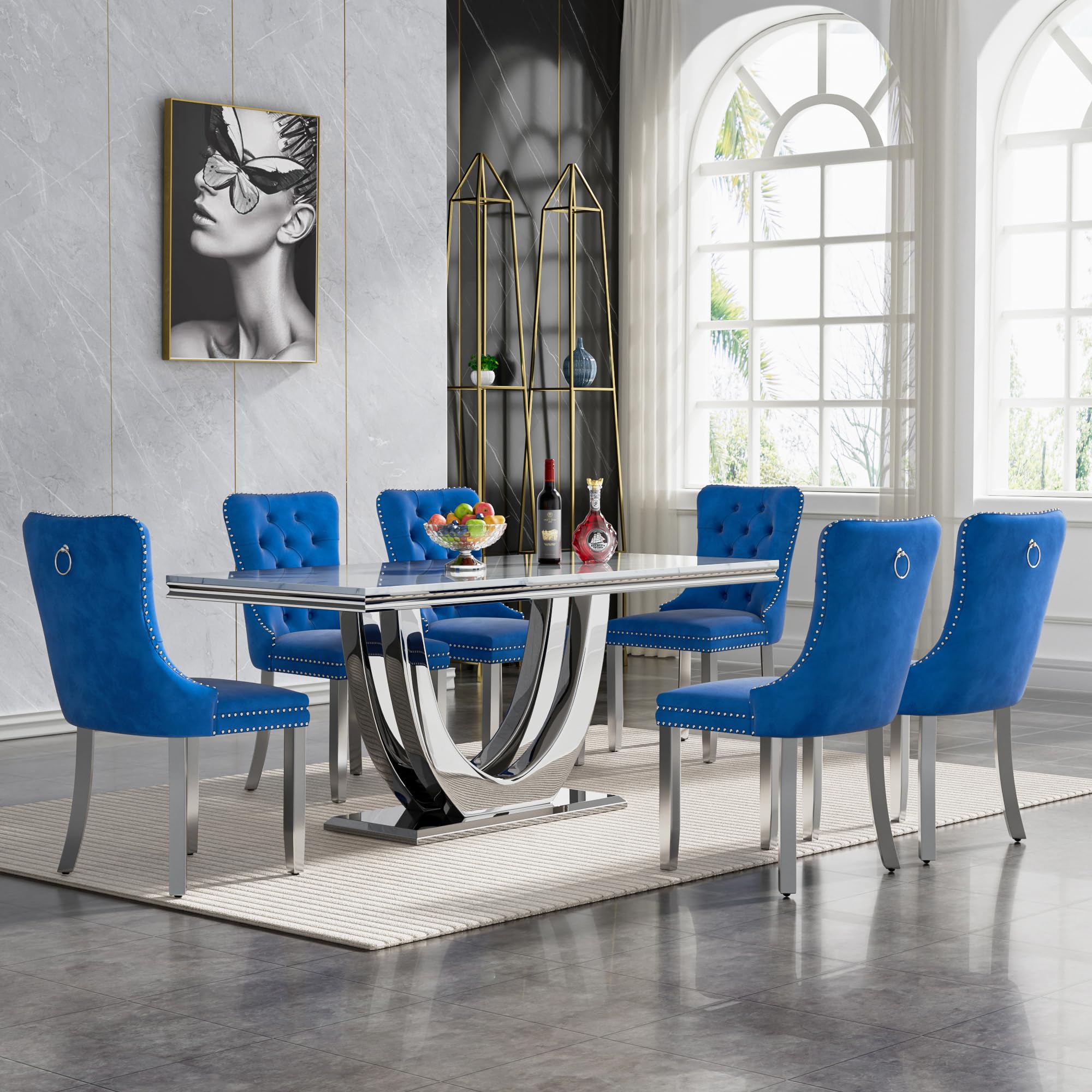 68" Marble Dining Table Set for 6, Luxury White Faux Marble Kitchen Table with 6 Blue Velvet Dining Chairs Modern 7-Piece Dining Room Table Set for 6 w/Silver Stainless Steel Base