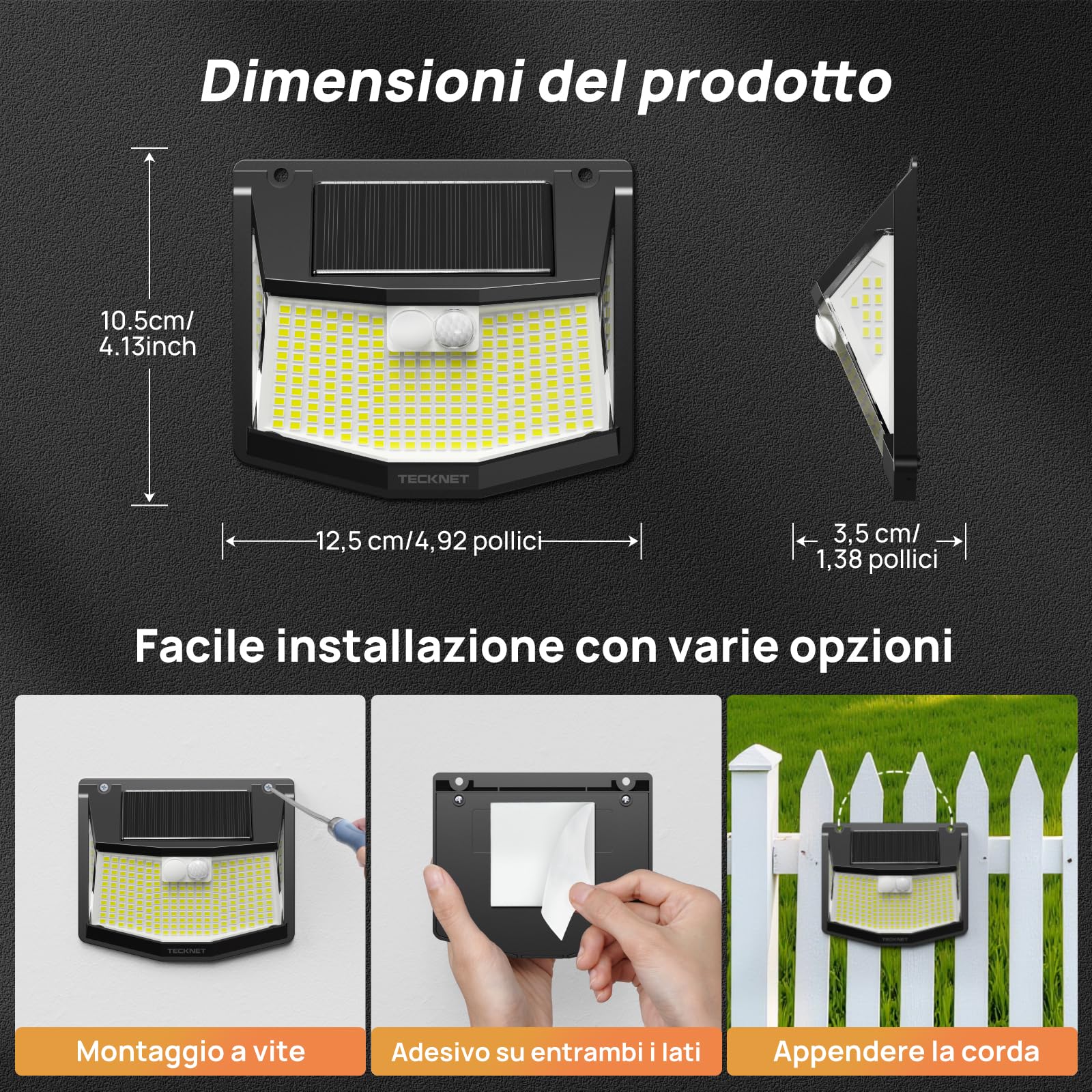 TECKNET Lampade solari per esterni con sensore di movimento [8 pezzi] | Lampada solare a 248 LED, 3 modalità, 300°, IP66, impermeabile, per esterni, per giardino, parete, posta, sentiero, garage