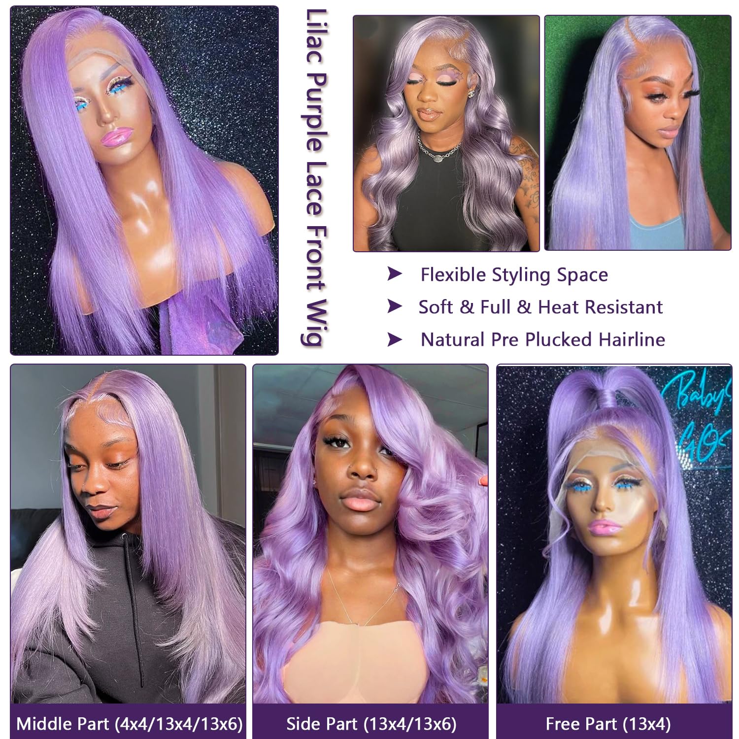 - ?ARLI  Liliac Purple 24” LACEFRONT Wig *NWT* Lavender Purple Human Hair Lace Front Wig - Etsy main image 3