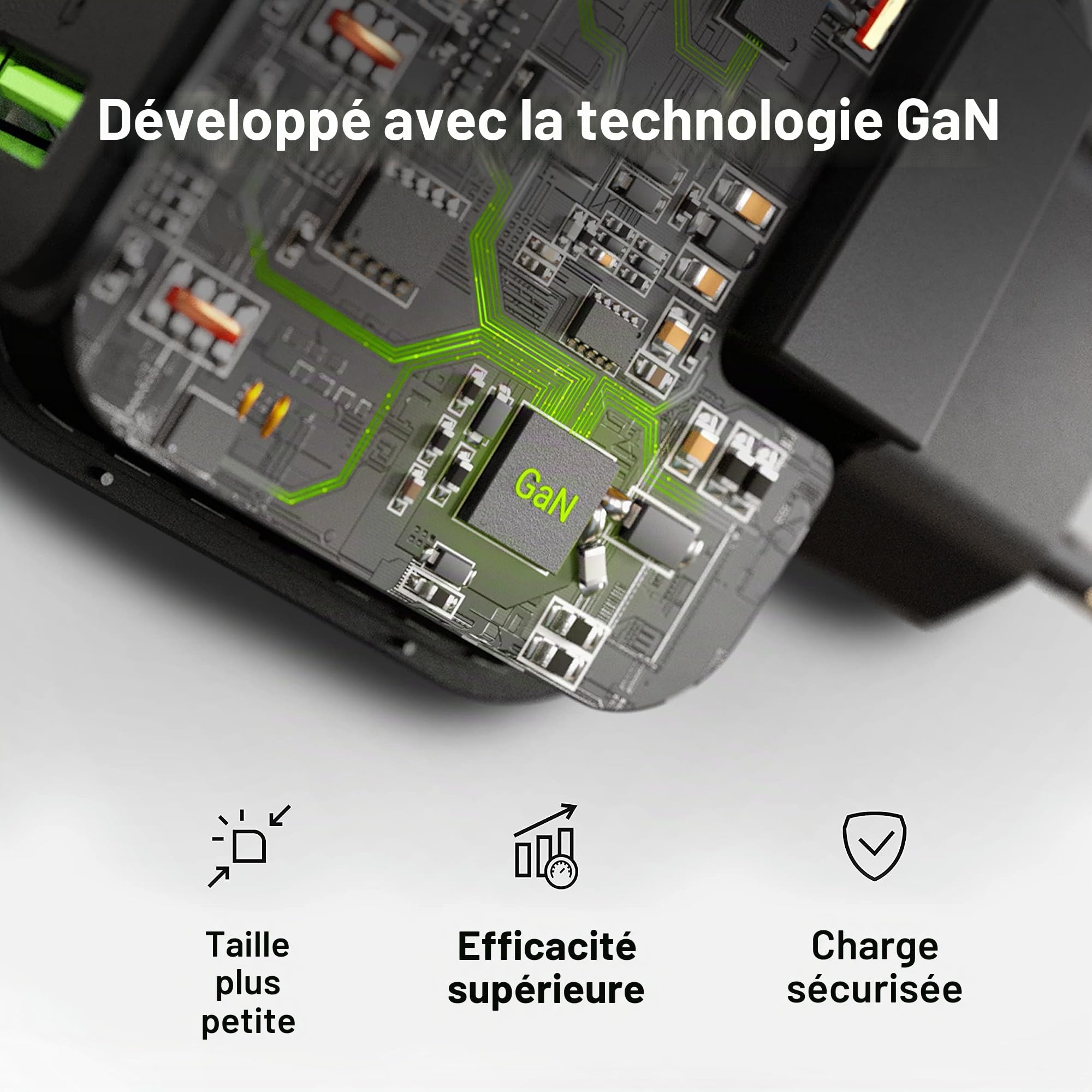 Chargeur USB 65W 3-Port Green Cell GaN Adaptateur Secteur 2X USB-C, 1x USB-A Chargeur Adaptateur Universel avec PowerDelivery pour Ordinateur Portable iPhone iPad Samsung Android téléphone Portable