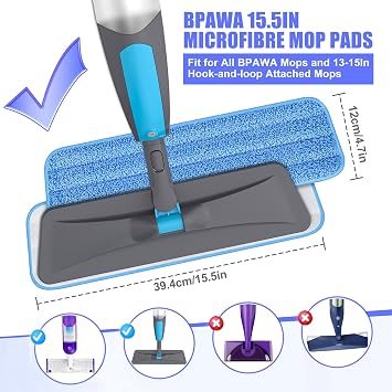 BPAWA Microfibre Mop Pads Replacement: 5 x 15.5 Reusable Washable Heads | Refill Cleaning Pads Wet Dry Cloths for All BPAWA Mops & other 13-15 inches Hook and Loop Attached Flat Spray Mops for Floors