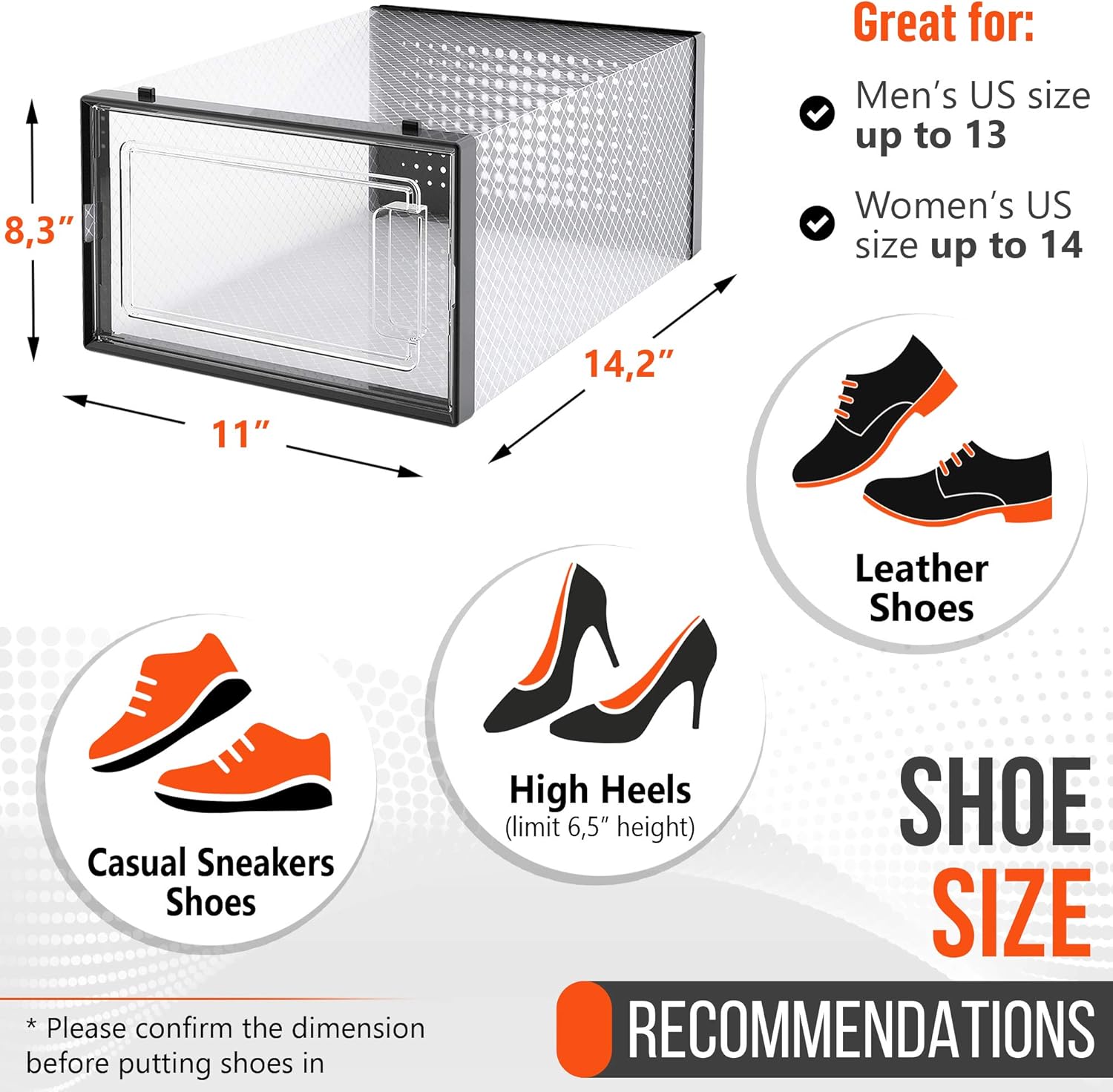 Stackable, Heavy Duty, Foldable Clear Plastic Show Boxes 14.2 x 11 x 8.3 with Front Opening, Containers, Excellent Space Saver Organizer for Sneakers, Shoes for Men, Women & Kids, Black Trim 6 Pack