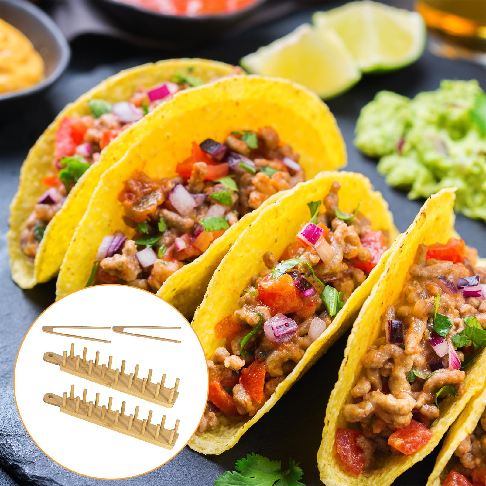 Supporto Per Tacos, 2 Pezzi Supporti Per Taco In Legno Porta Taco In Bambù Con Clip Contiene 16 Porta Taco Per Panini, Pane, Hot Dog E Pancake