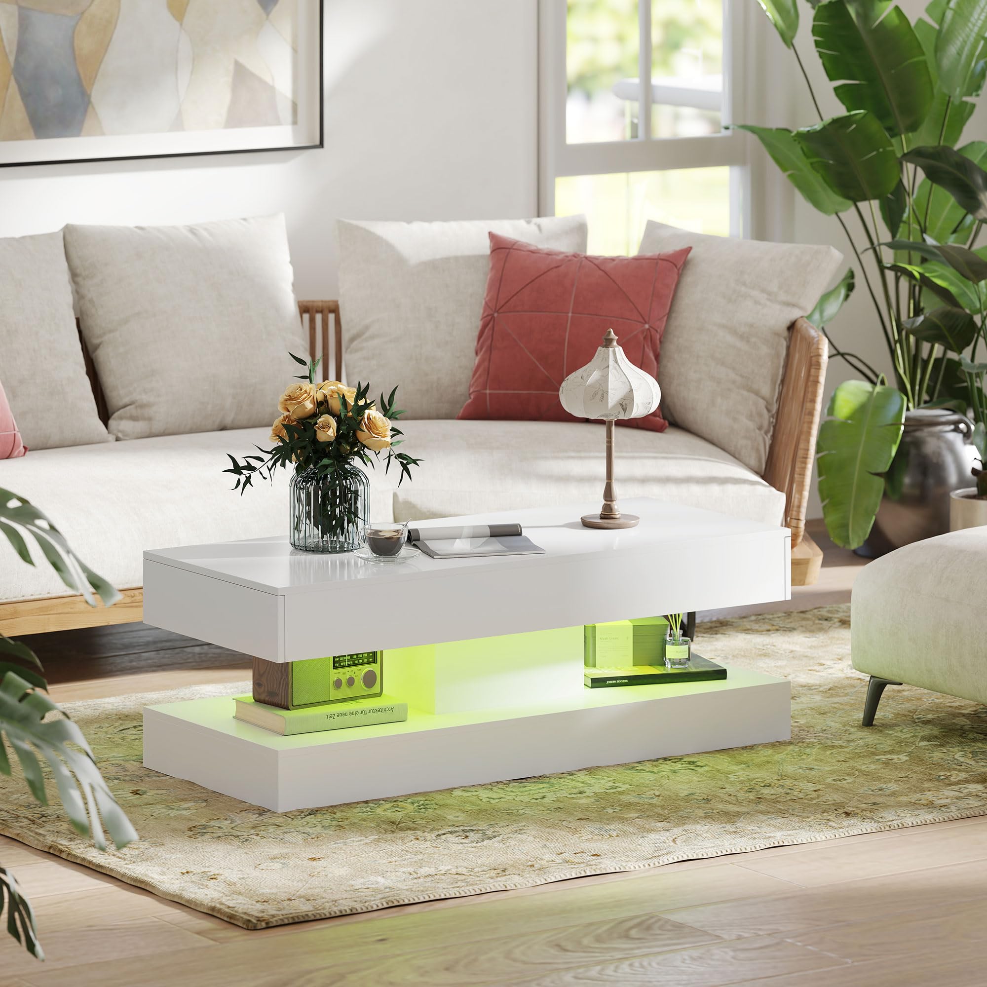 HOMCOM Couchtisch Hochglanz mit LED Beleuchtung 120 x 50 x 42 cm Weiß | Wohnzimmertisch, 12-Farbiger, Moderner Beistelltisch, 2 Schubladen, Offenes Regal, Kaffeetisch, für Wohnzimmer