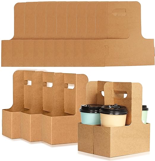 PATIKIL 10-Pack Disposable 2-Cup Drink Carriers - Kraft Paper Handled Tray For Coffee, Takeout, Events