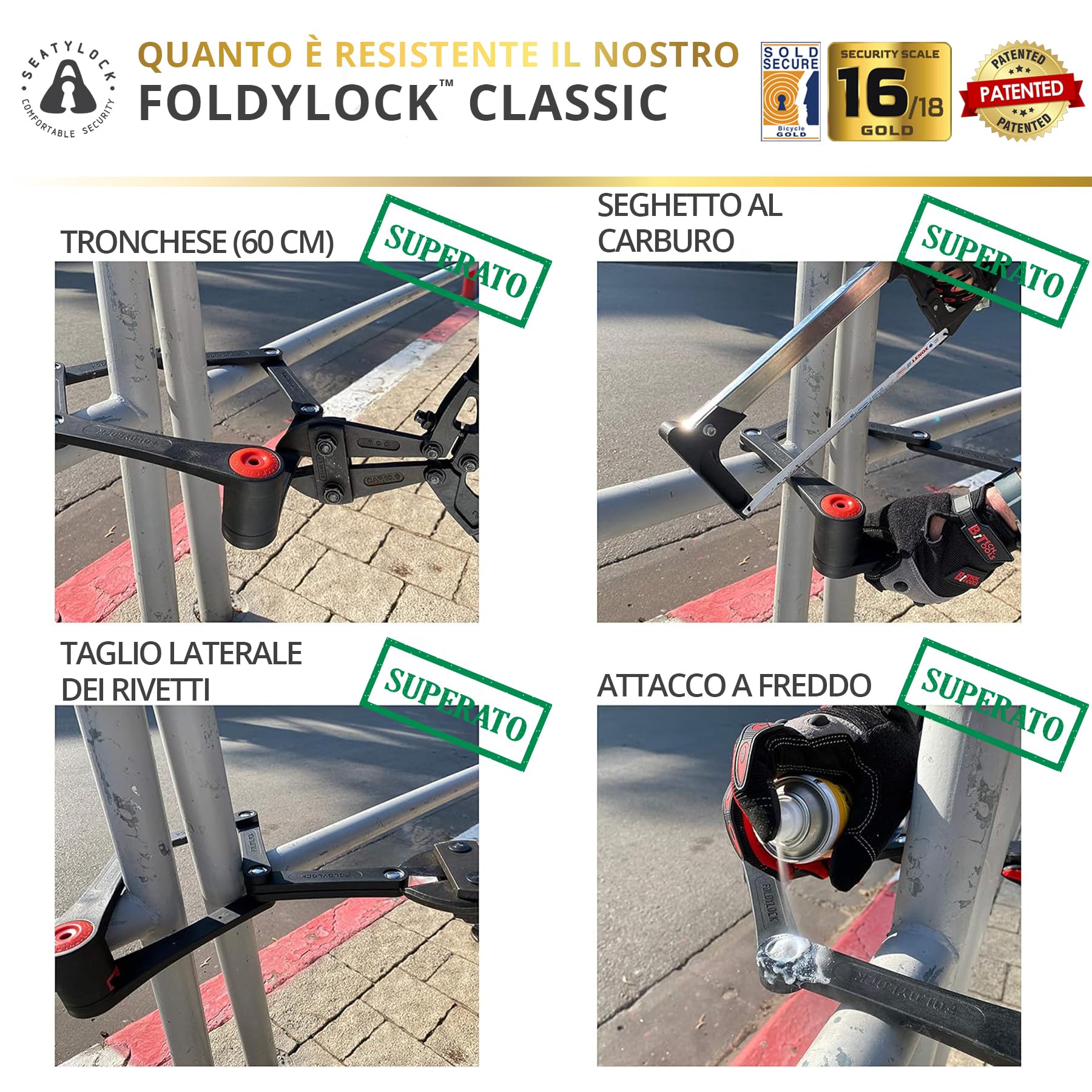 Seatylock FoldyLock Classic - Lucchetto pieghevole per bicicletta, brevettato, elegante, ad alta sicurezza, resistente, antifurto, con chiavi per e-bike e bici da città, 100 cm