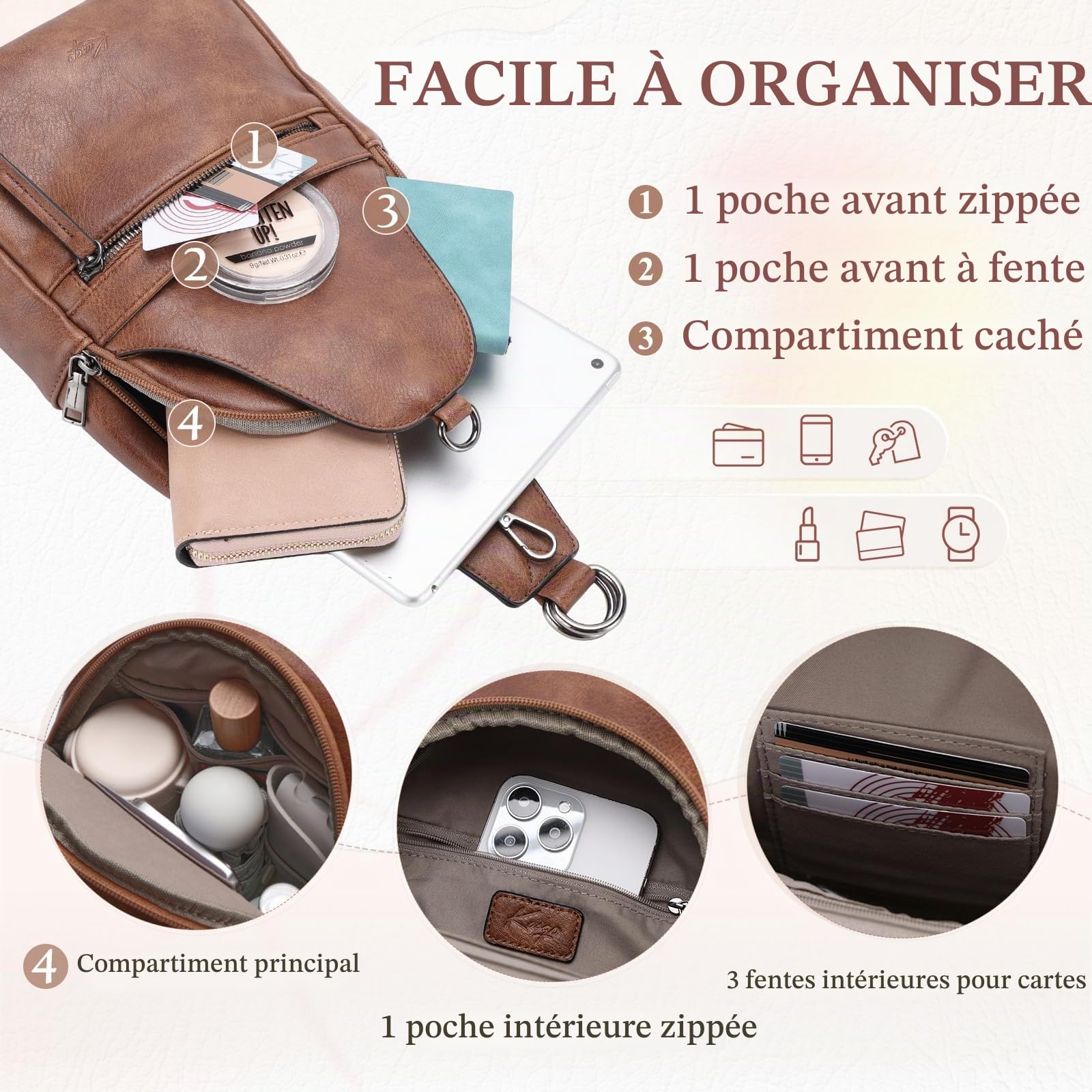Sac de Poitrine Femme, Élégant Antivol Sac Bandoulière Banane Femme Fille Convertible Cuir PU Sling Bag pour Voyage Plein Air Vacances