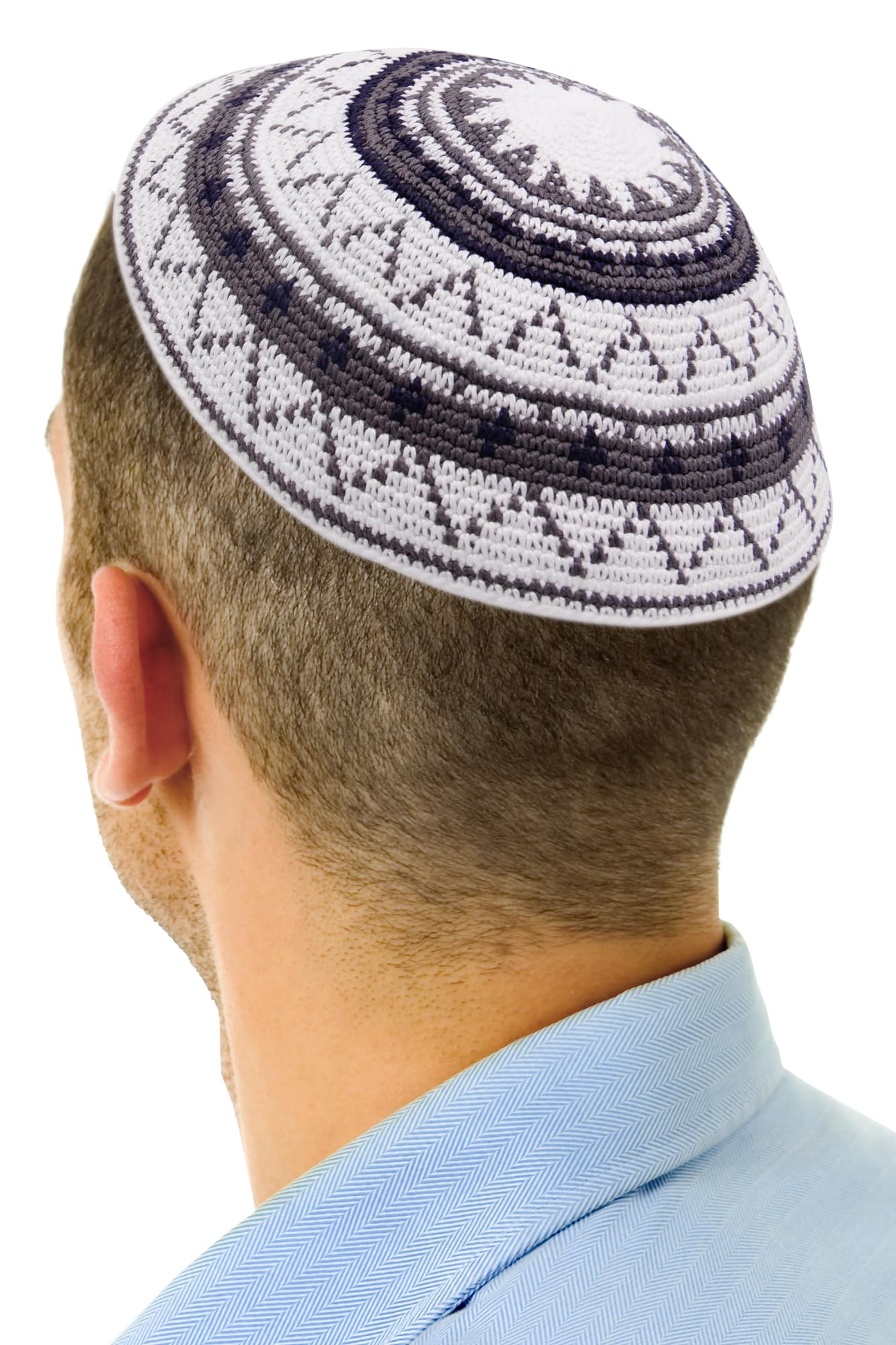 Hand Made 100% Cotton DMC Hand Knitted Kippah Hat from Israel, Yamaka Jewish Hats for Men, Yarmulke Hat (White Grey, 19cm-7.5inch-Flat)