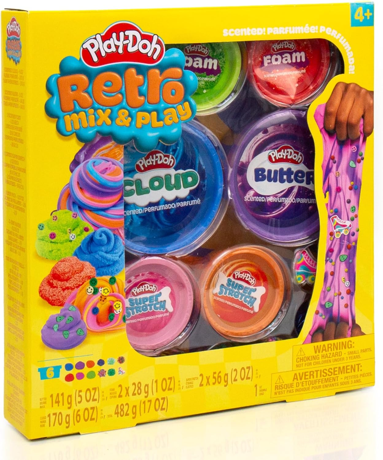 Play-Doh Retro Mix & Play Scented Slime for Kids, 6-Pack Variety, Cloud, Butter, Foam, Super Stretch, (Blue Raspberry, Grape, Watermelon, Orange, Strawberry, Cherry) Popular Toys, Gifts & Party Favors