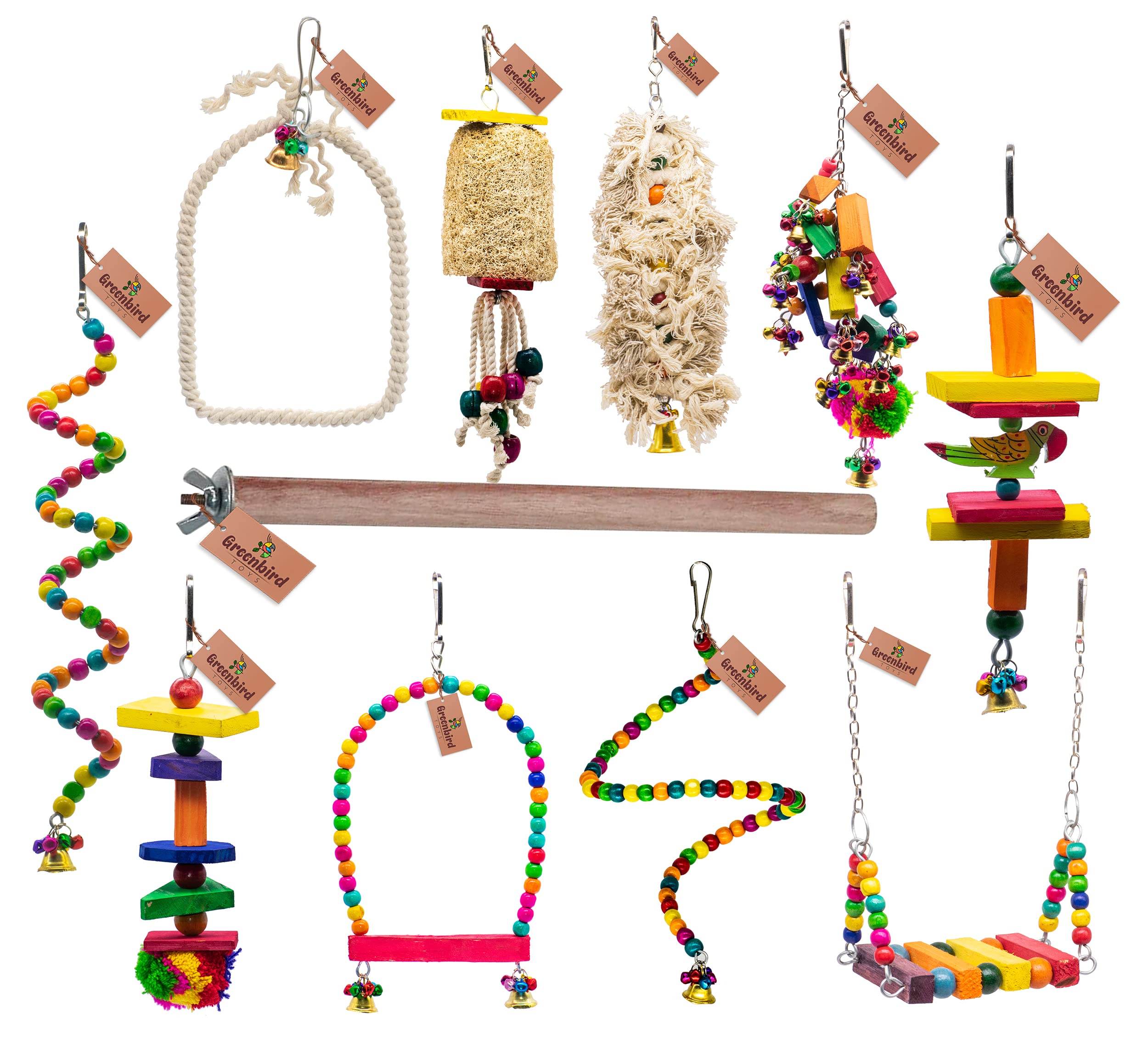 GREENBIRDS TOYS Combo of 11 Pcs Include Colorful Wooden Swing, 2 Spiral Hangings, 3 Pet Perches and 5 Cage Hangings Accessories for Bird & Parrot (B09VB11J9G) Amazon Price History, Amazon Price Tracker