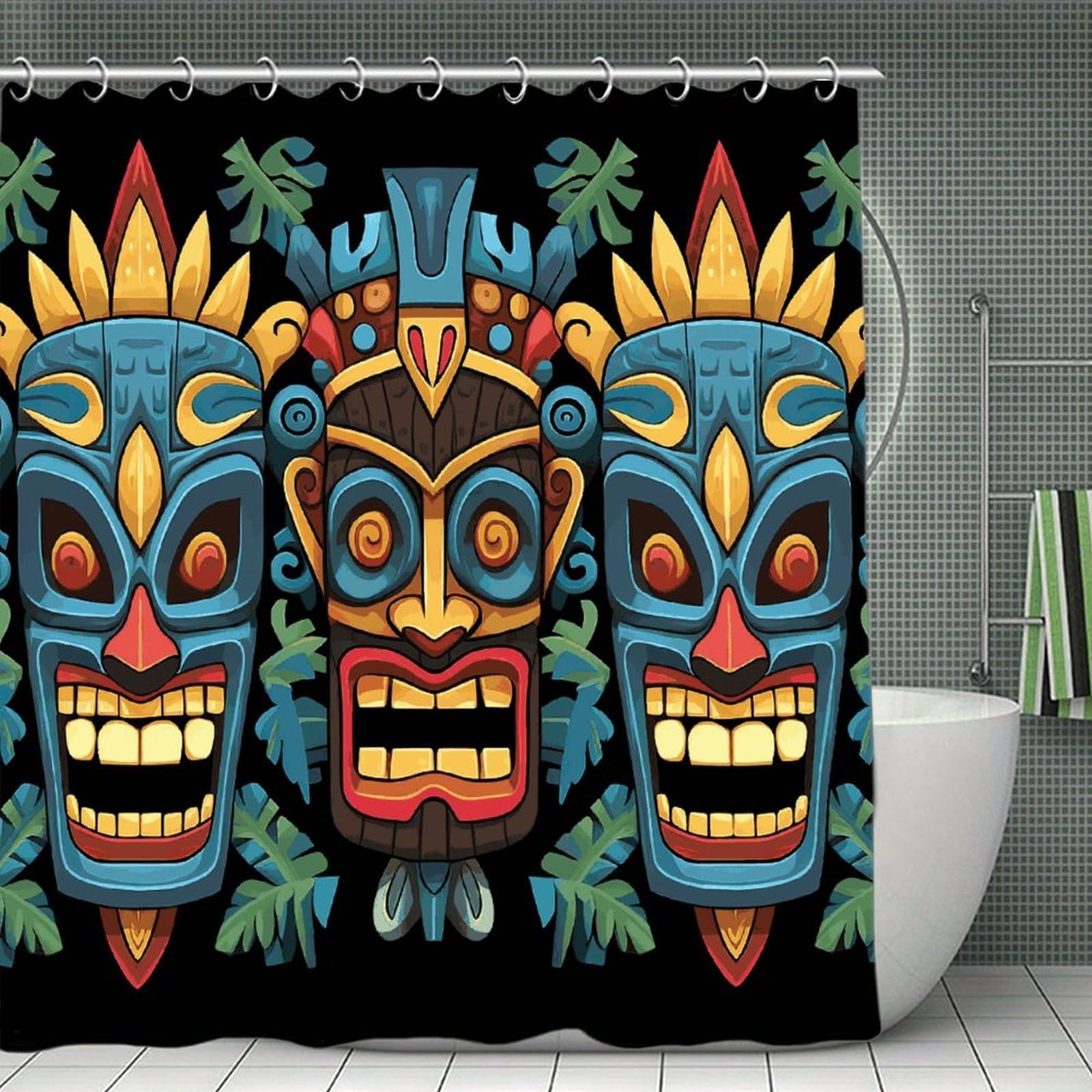 JTREHY Colorful Tiki Mask Pattern Shower Curtain Heavy Duty Waterproof Shower Curtain Elegant Modern Farmhouse Country Ultra Thick Bath Curtains Machine Washable Showers Curtains 70.8"x70.8"
