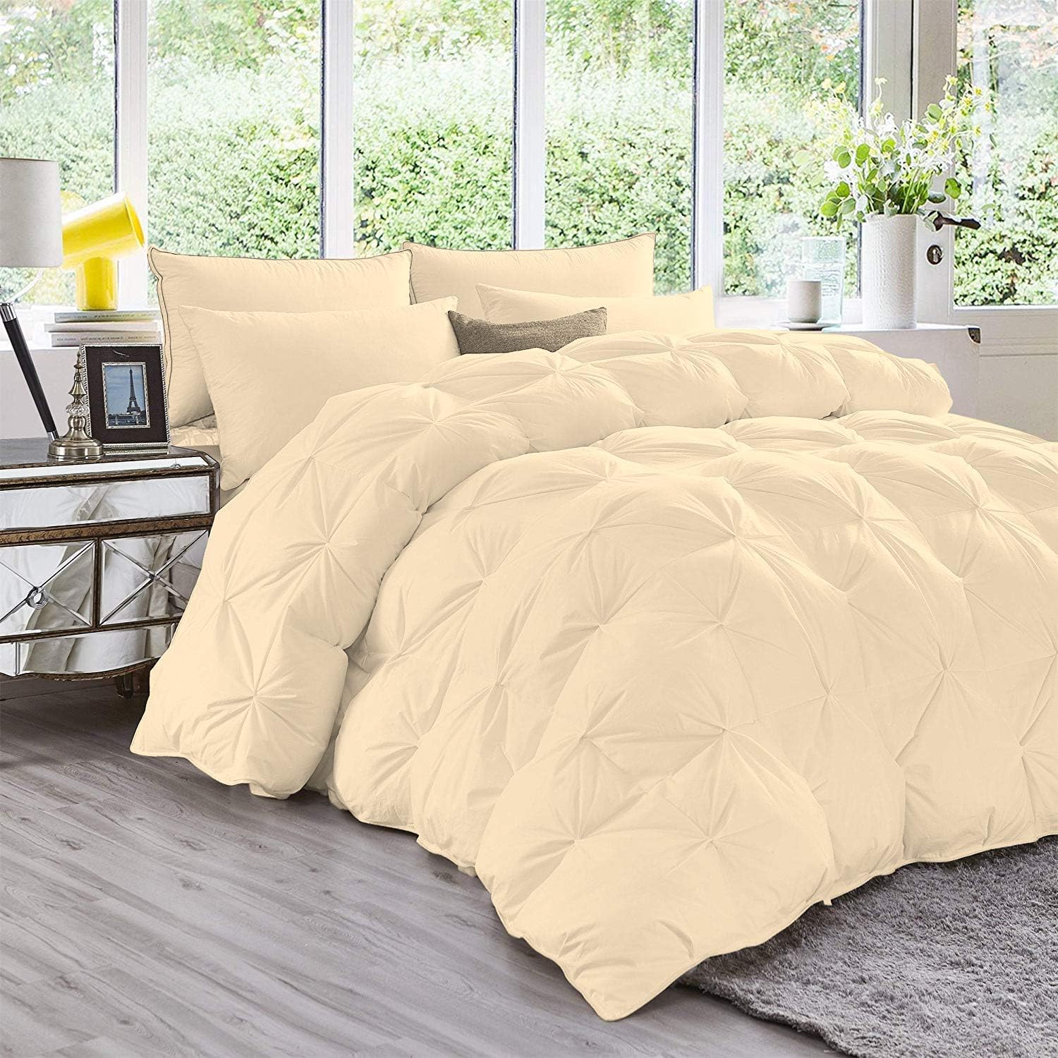 DNG Creations 5 Piece Luxury Pinch Pleated Comforter Set Premium Super Soft 400 GSM All Season Pintuck 1000 Thread Count 100% Egyptian Cotton Super Soft Oversized Super King Size Ivory Color