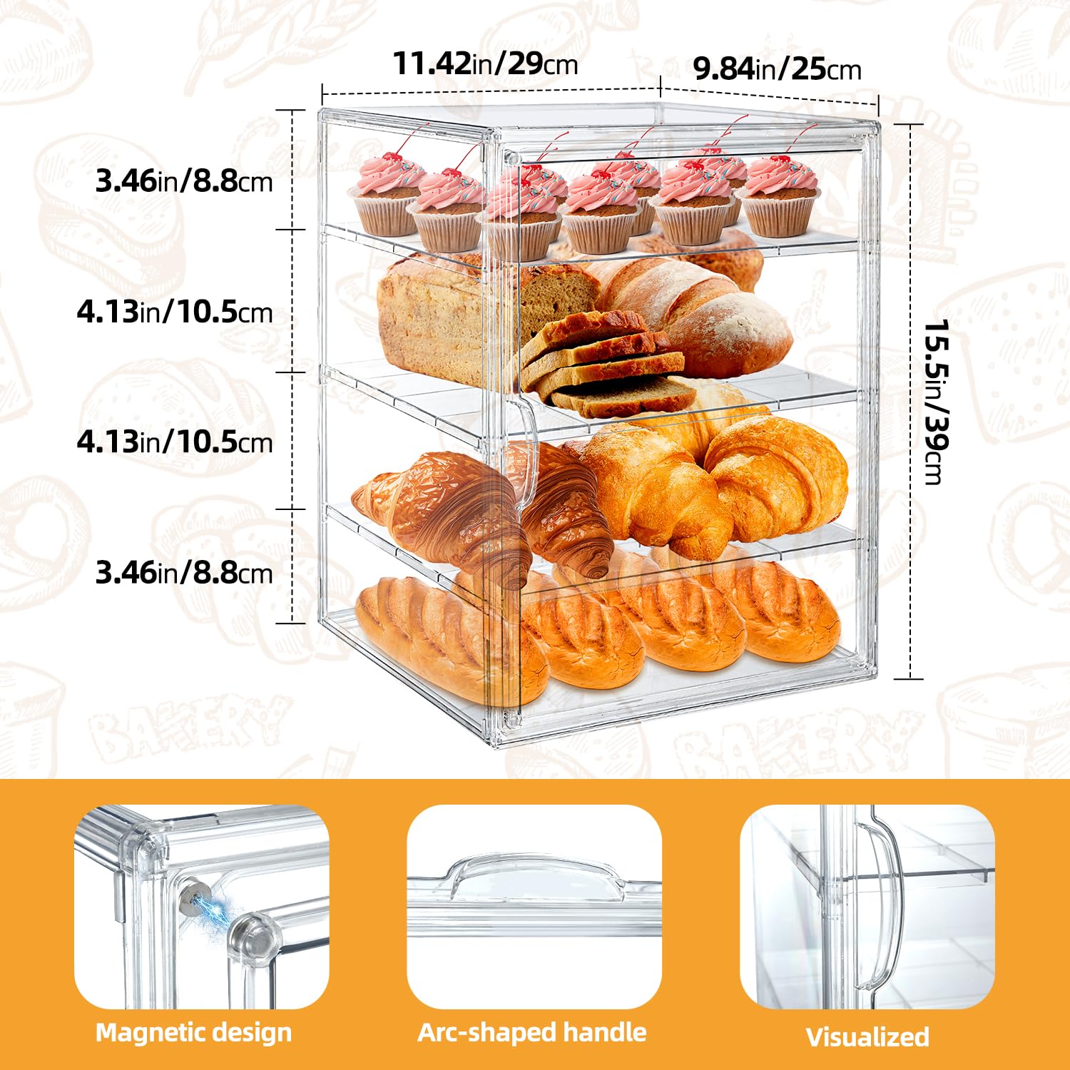 15.5 x 11.4 x 9.8 Inch 4-Tier-Party Display Case, Bakery Display Case Countertop,Adjustable Clear Bread Storage with Magnetic Door Bakery Pastry Display, Cookies and Donuts