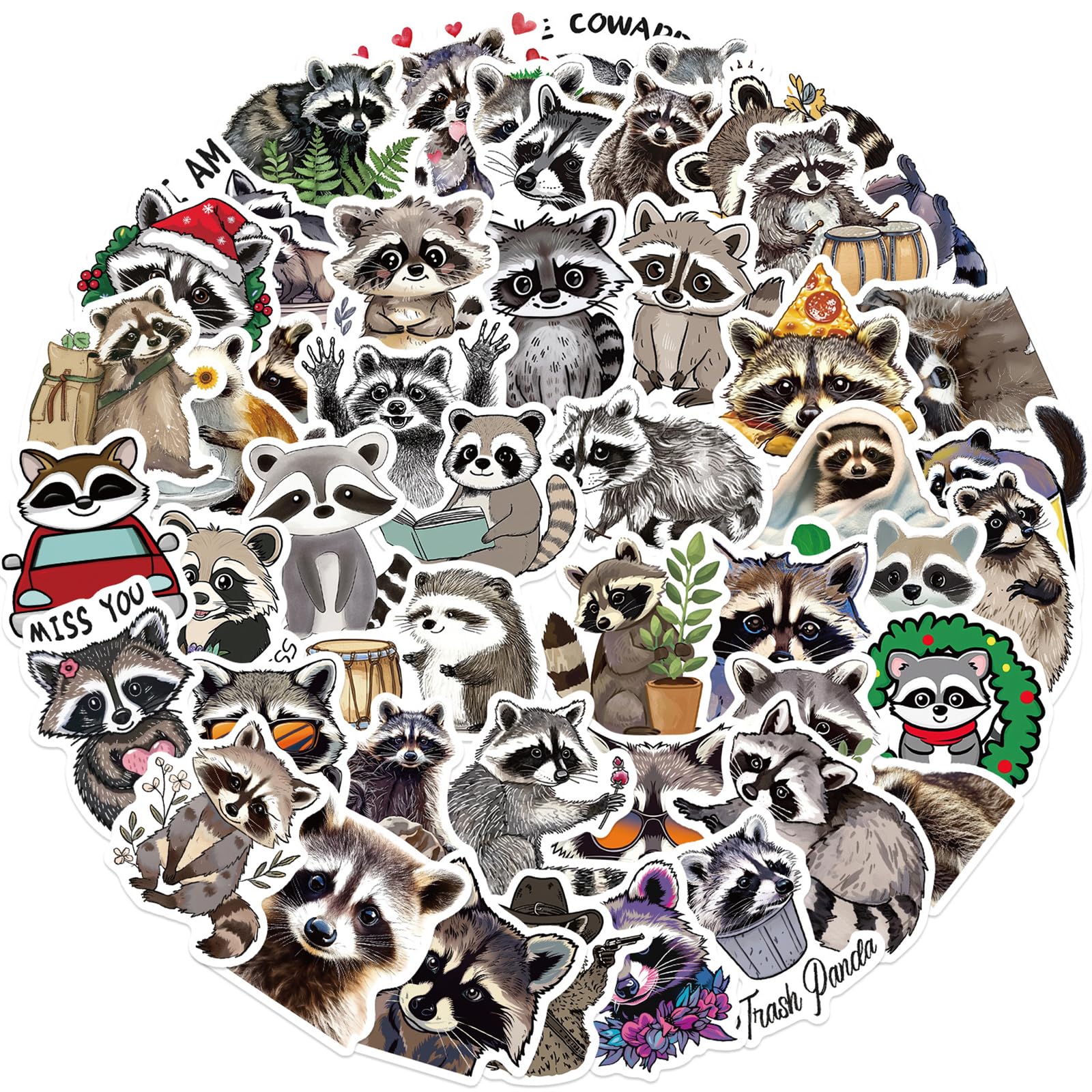 50Pcs Cute Raccoon Stickers Waterproof Cartoon Animal Sticker for Water Bottle Anime Animal Stickers Pack Vinyl Sticker for Laptop Scrapbook