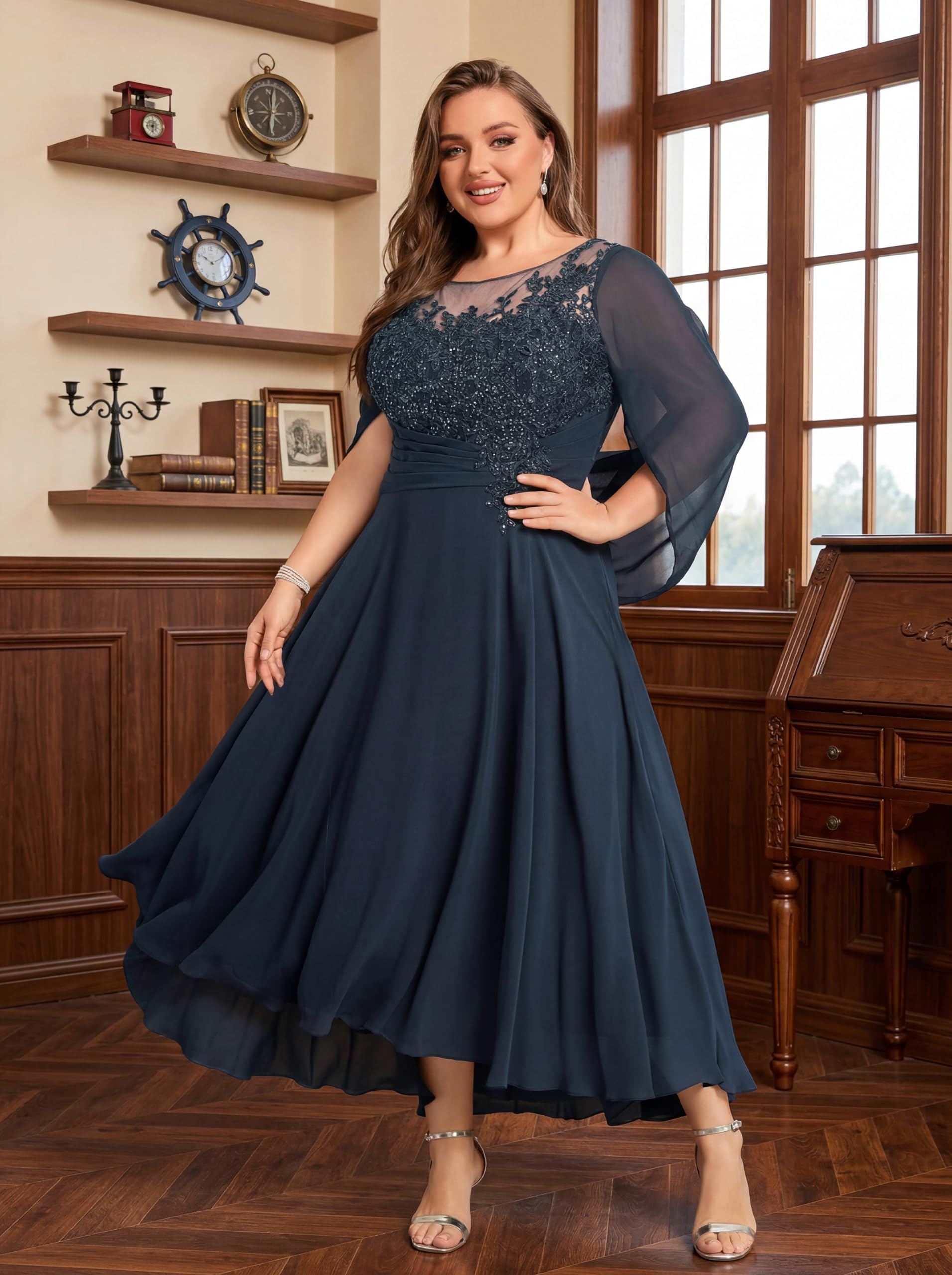 Große Größe Brautmutterkleid für Hochzeit,Damen Spitze Abendkleid mit Cape Chiffon Kleider für Hochzeitsgäste