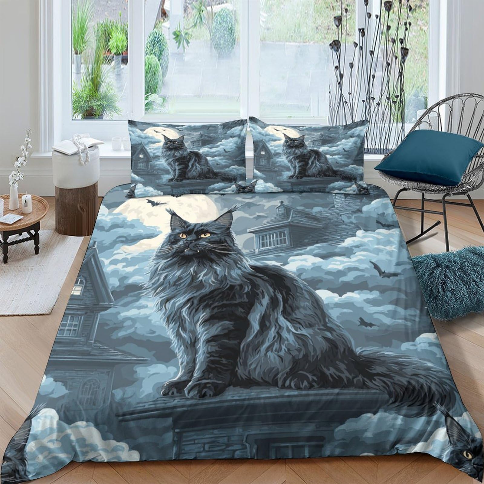 Ctjqhvkz Style-3 3D Printed Moon Cat Fitted Sheet Microfiber Soft Breathable Night Sky Mattress Cover Bedroom Decor Single（135X200cm）