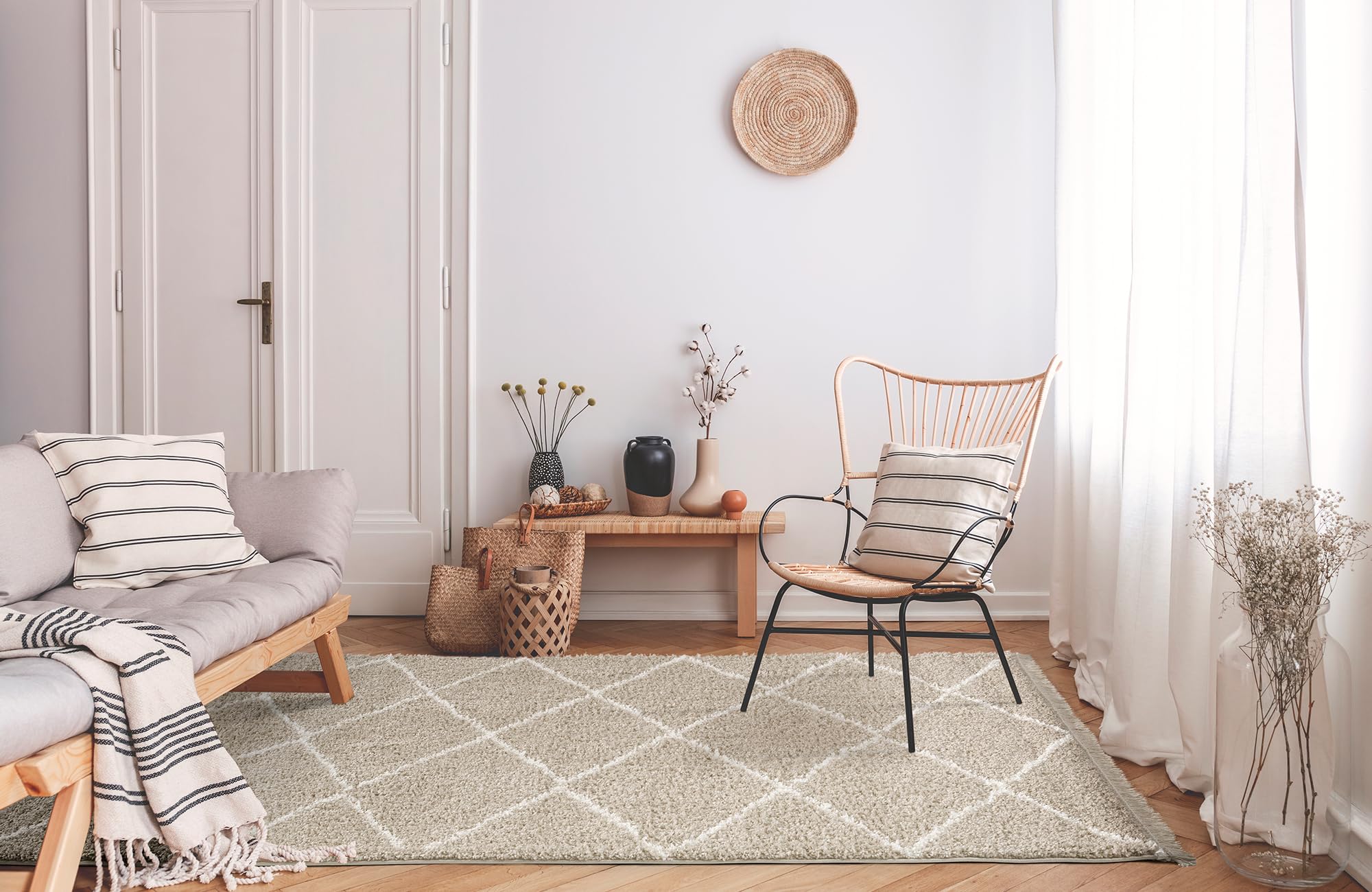 TESSO LIVING Shaggy Tapis Couloir 80 x 300 Beige Dessin Diamant, Tapis Poils Longs Extra Doux