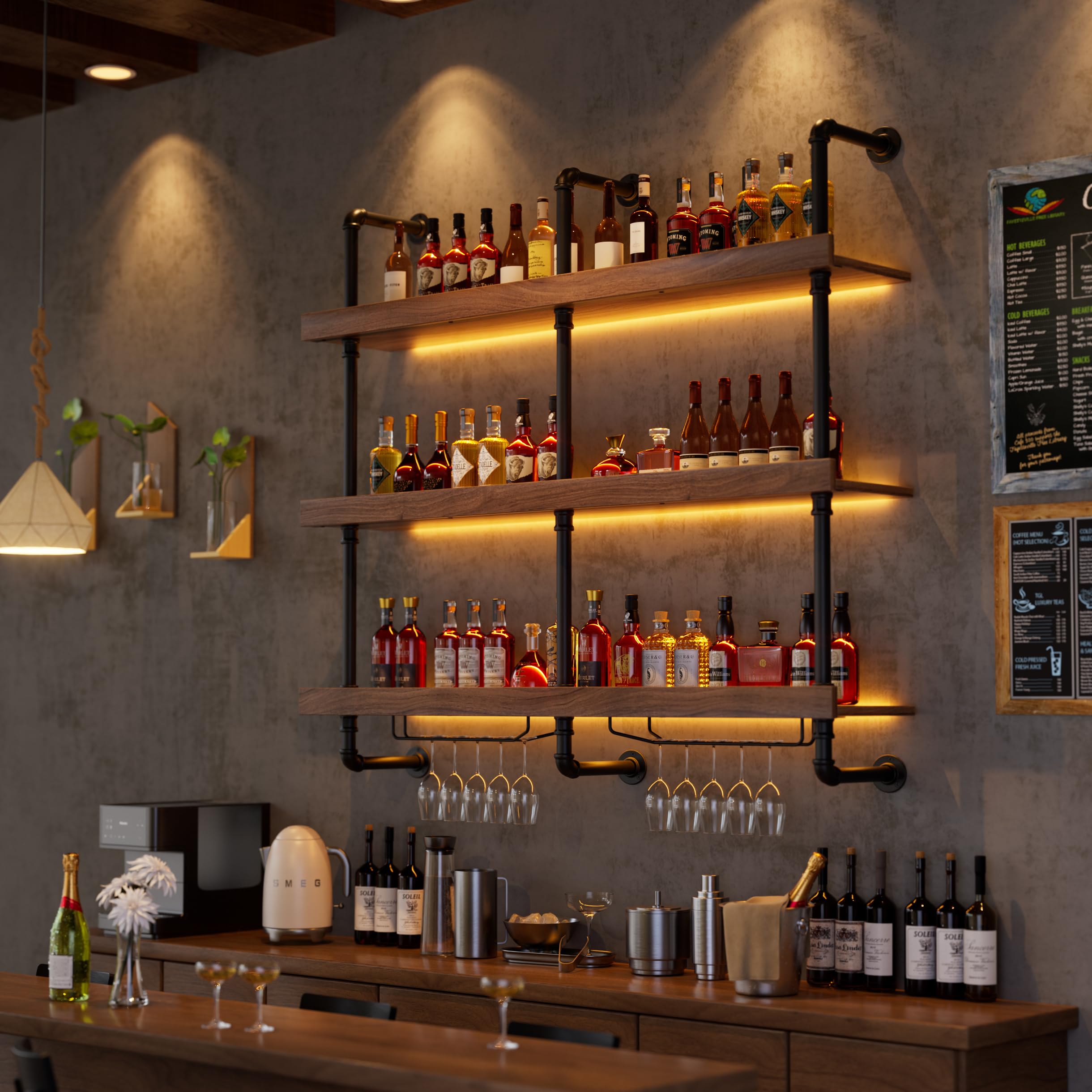 Weinregal Wand Mit LED-Licht & Glashalter Weinregal für Die Wand aus Metall & Massivholz 3-stöckig Weinhalter Metall Hängend Aufbewahrungsregal Ideal für Bars,Weinkeller,Küche,Restaurants 25*120*120CM